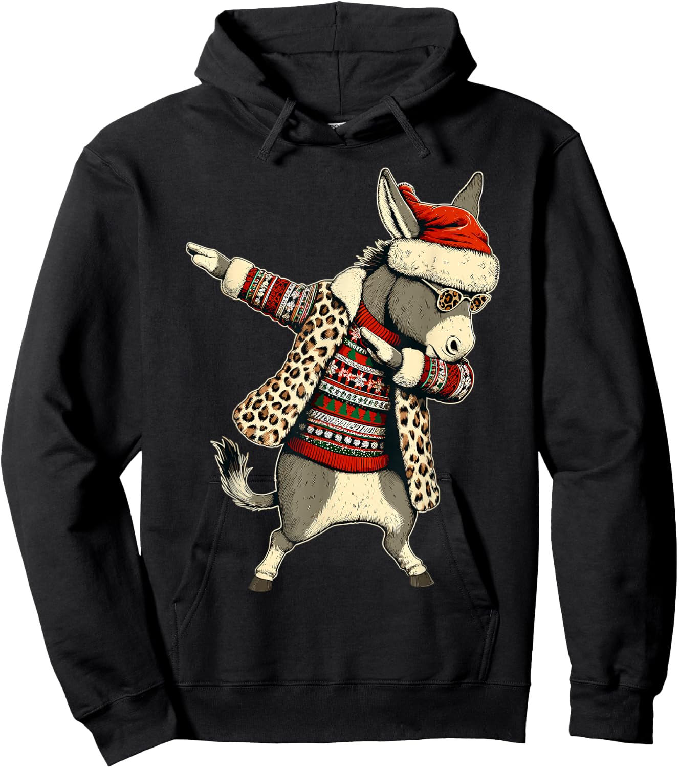 Donkey Leopard Print Dabbing Santa Hat Christmas Pajama Love Hoodie - Hoodie | Black