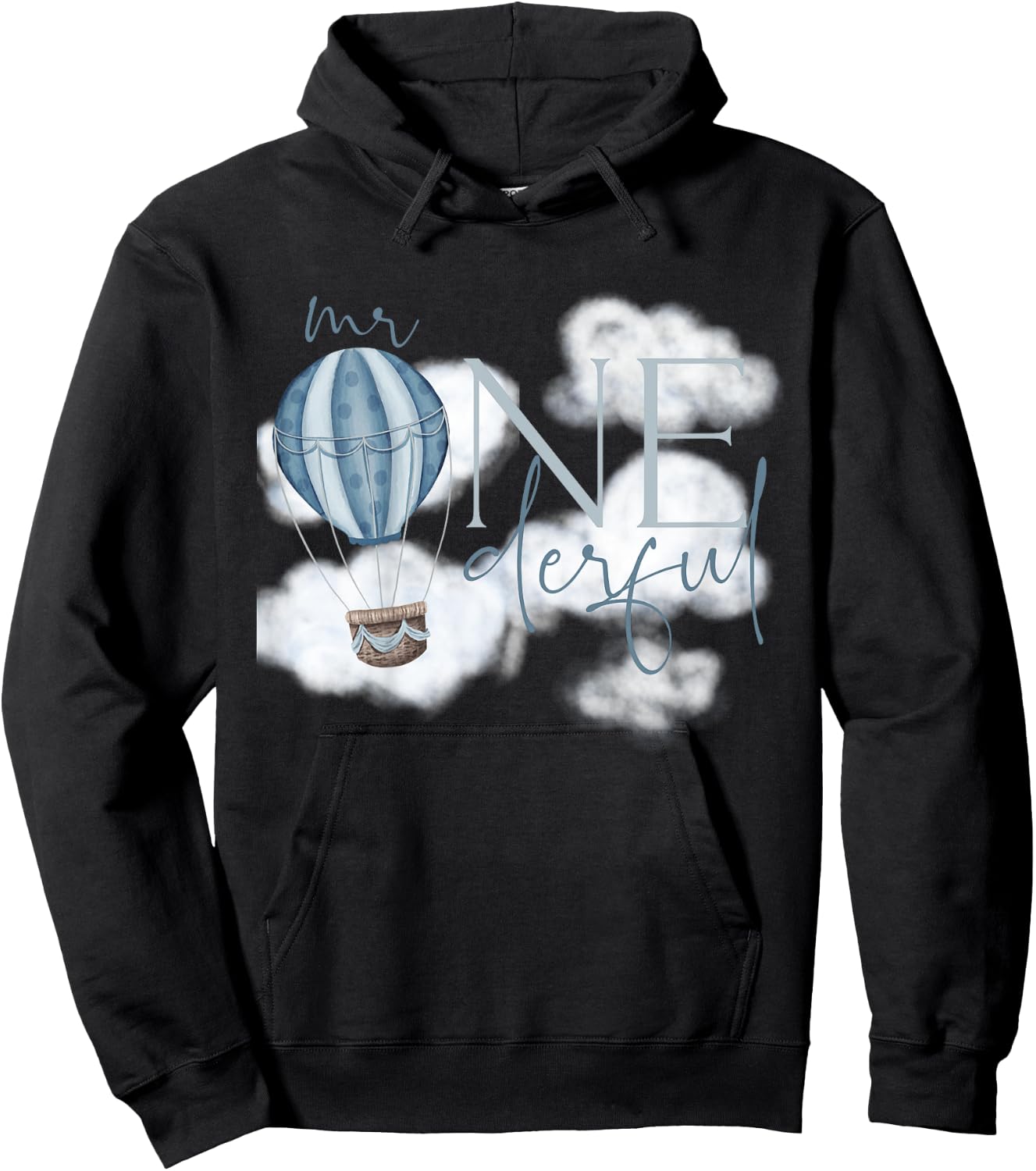 Kids Mr Onederful Hot Air Balloon Blue 1st Birthday Boy Party Hoodie - Hoodie | Black