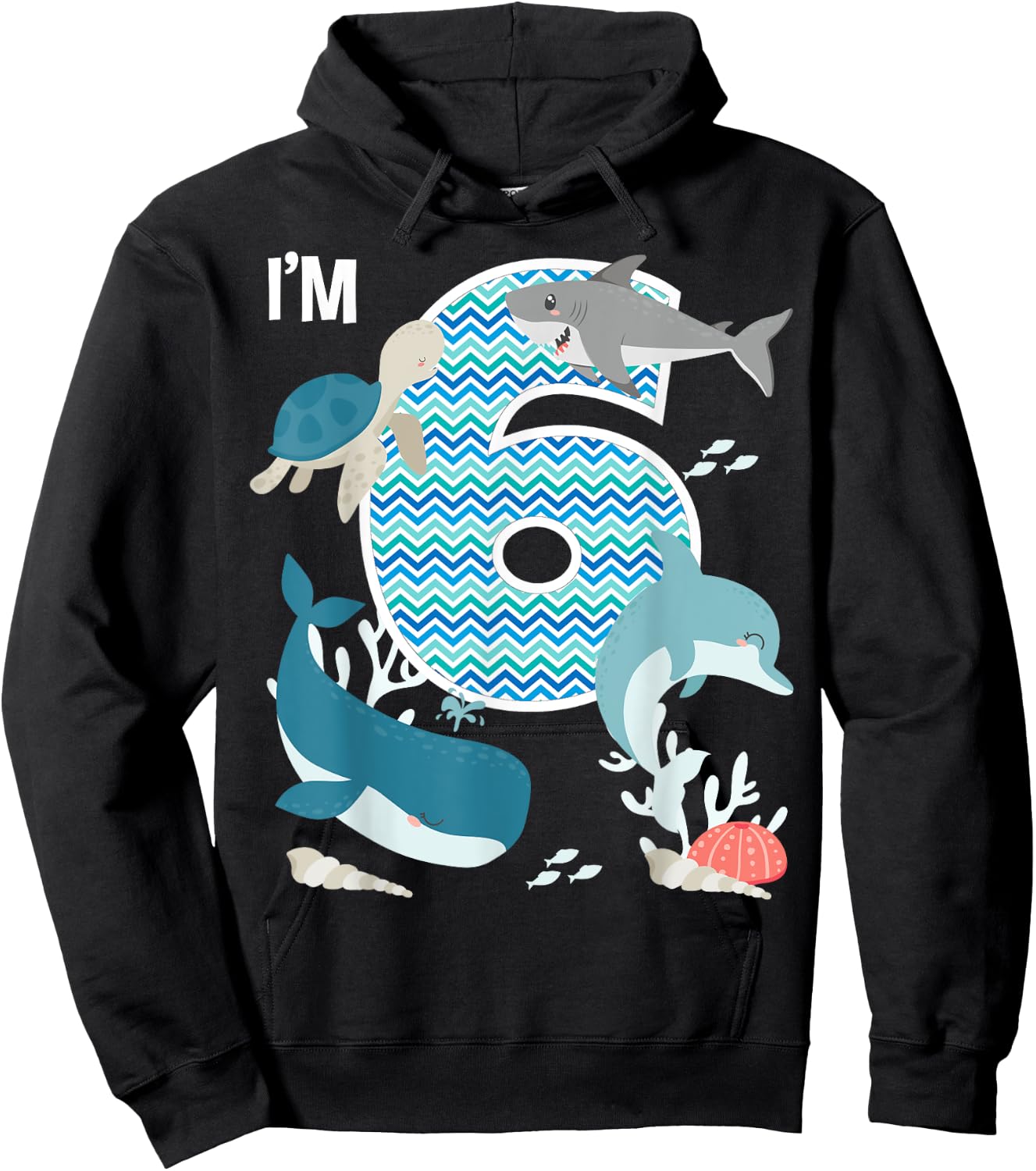 Kids 6 Year Old Ocean Life Whale Dolphin Shark 6th Birthday Hoodie - Hoodie | Black