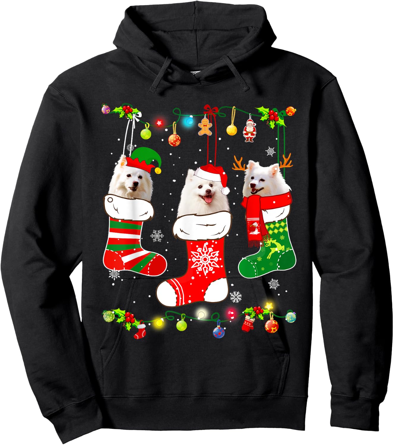 American Eskimo Christmas Lights Funny Puppy Xmas Dog Lover Hoodie - Hoodie | Black