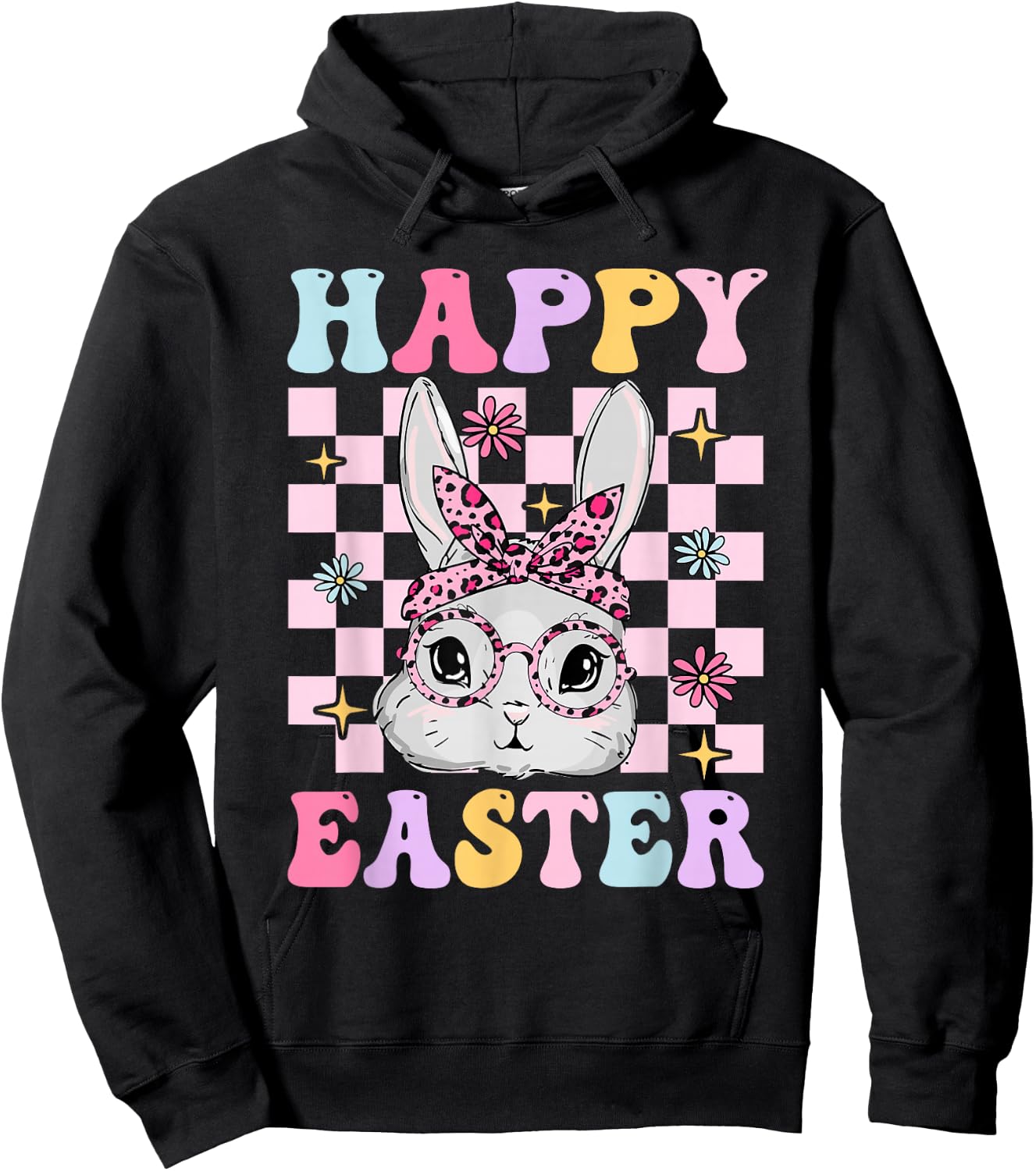 Retro Groovy Happy Easter Bunny Checkered Girl Kid Hoodie - Hoodie | Black