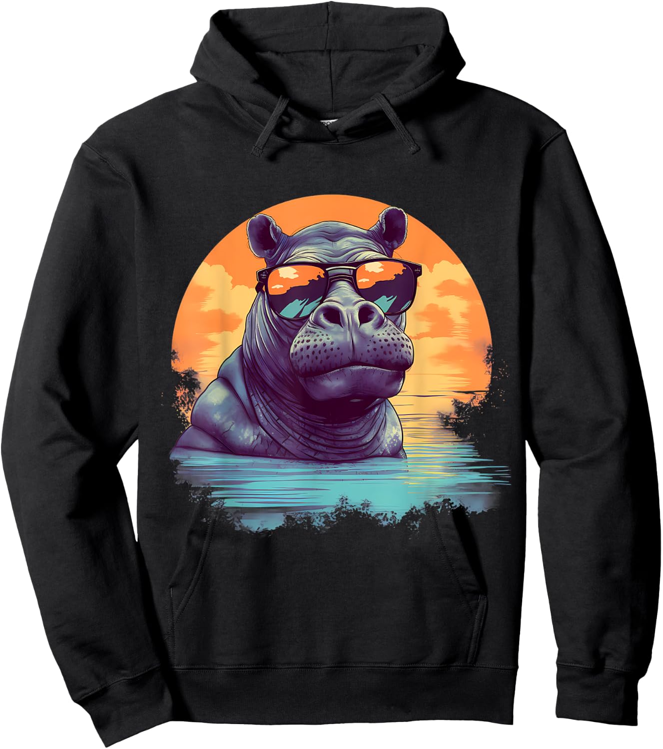 Hippo Sunglasses Colourful Artwork Safari Hippopotamus Hoodie - Hoodie | Black