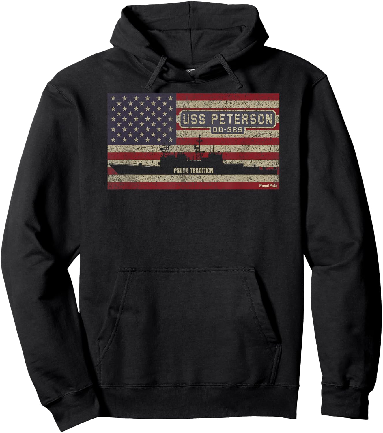 USS Peterson DD-969 Destroyer Ship USA American Flag Hoodie - Hoodie | Black