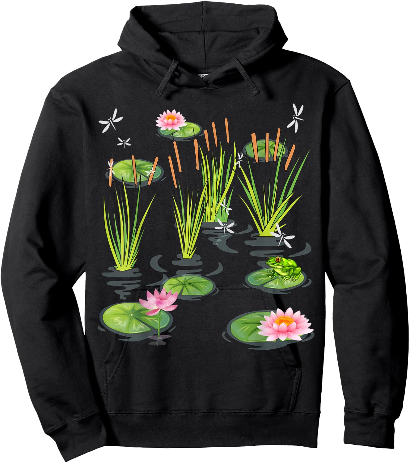 Water Lily Dragonflies with Frog on Lily Leaf Cattails Hoodie - Hoodie | Black