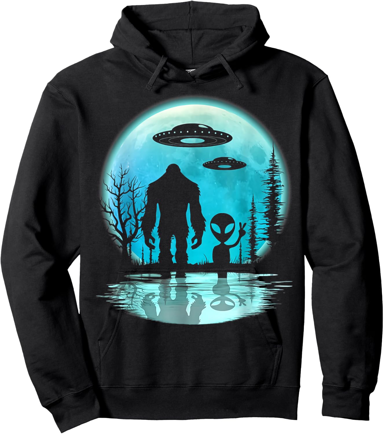 Alien And Bigfoot Moon Hoodie - Hoodie | Black