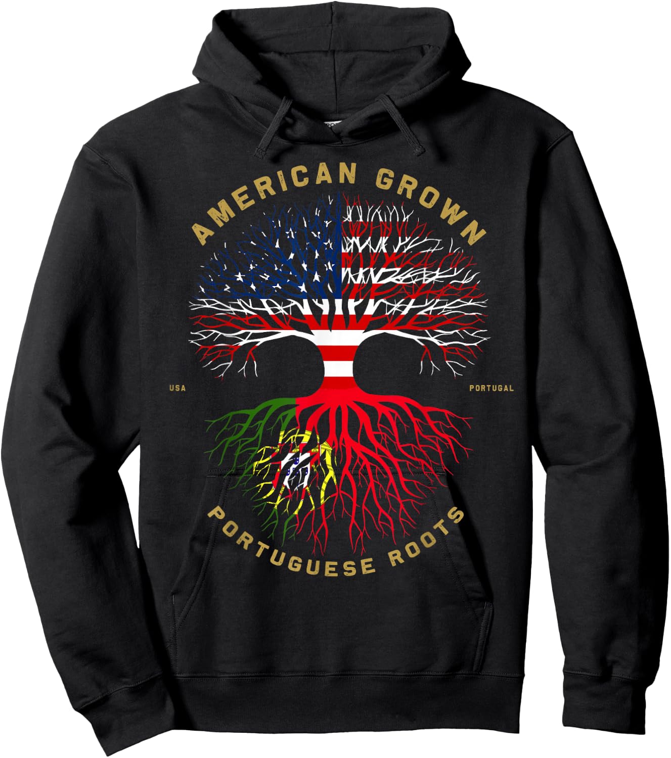 American Grown with Portuguese Roots Tree USA Flag Gifts Hoodie - Hoodie | Black