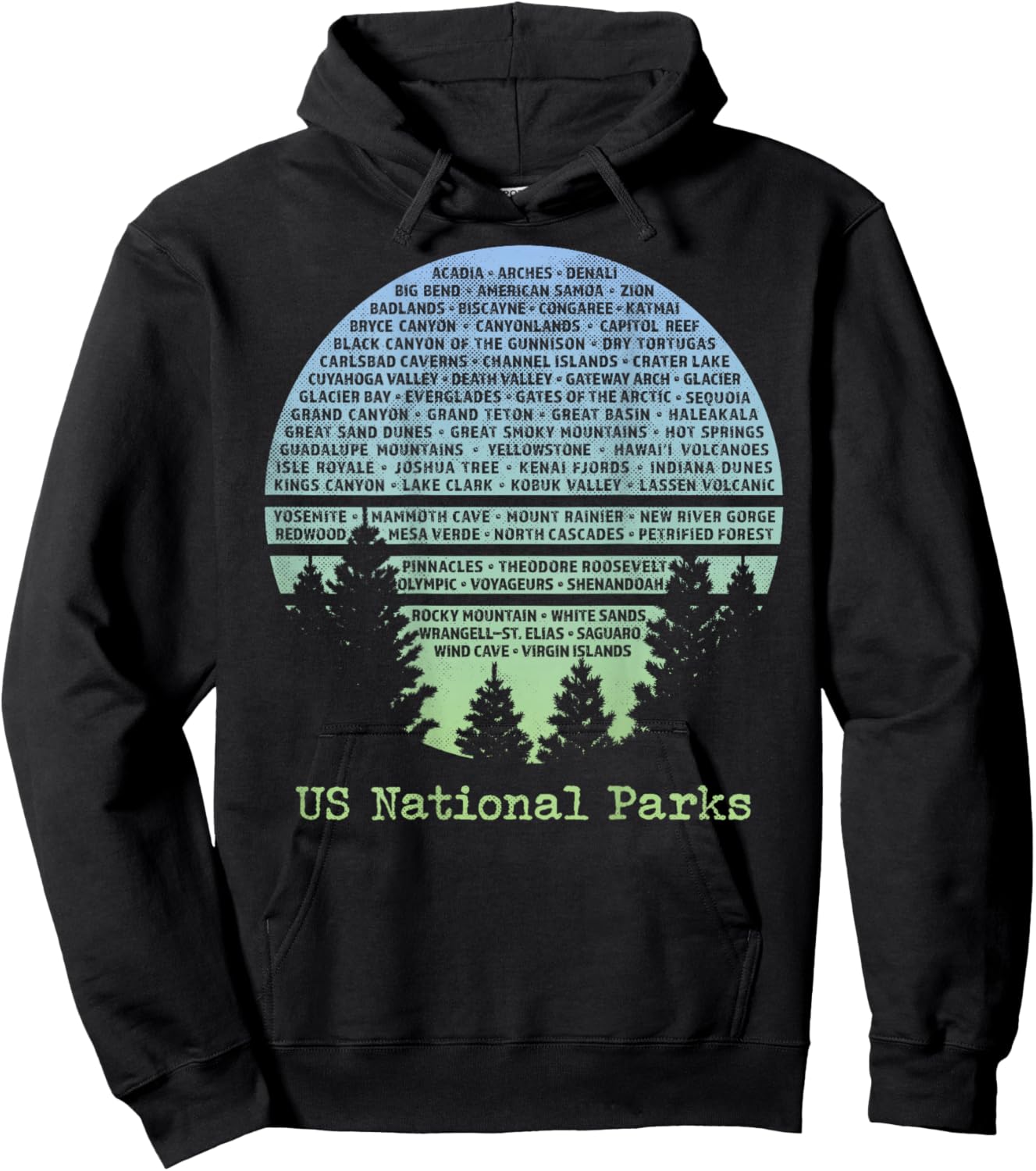 US National Parks List Word Cloud Art Design on Back Hoodie - Hoodie | Black
