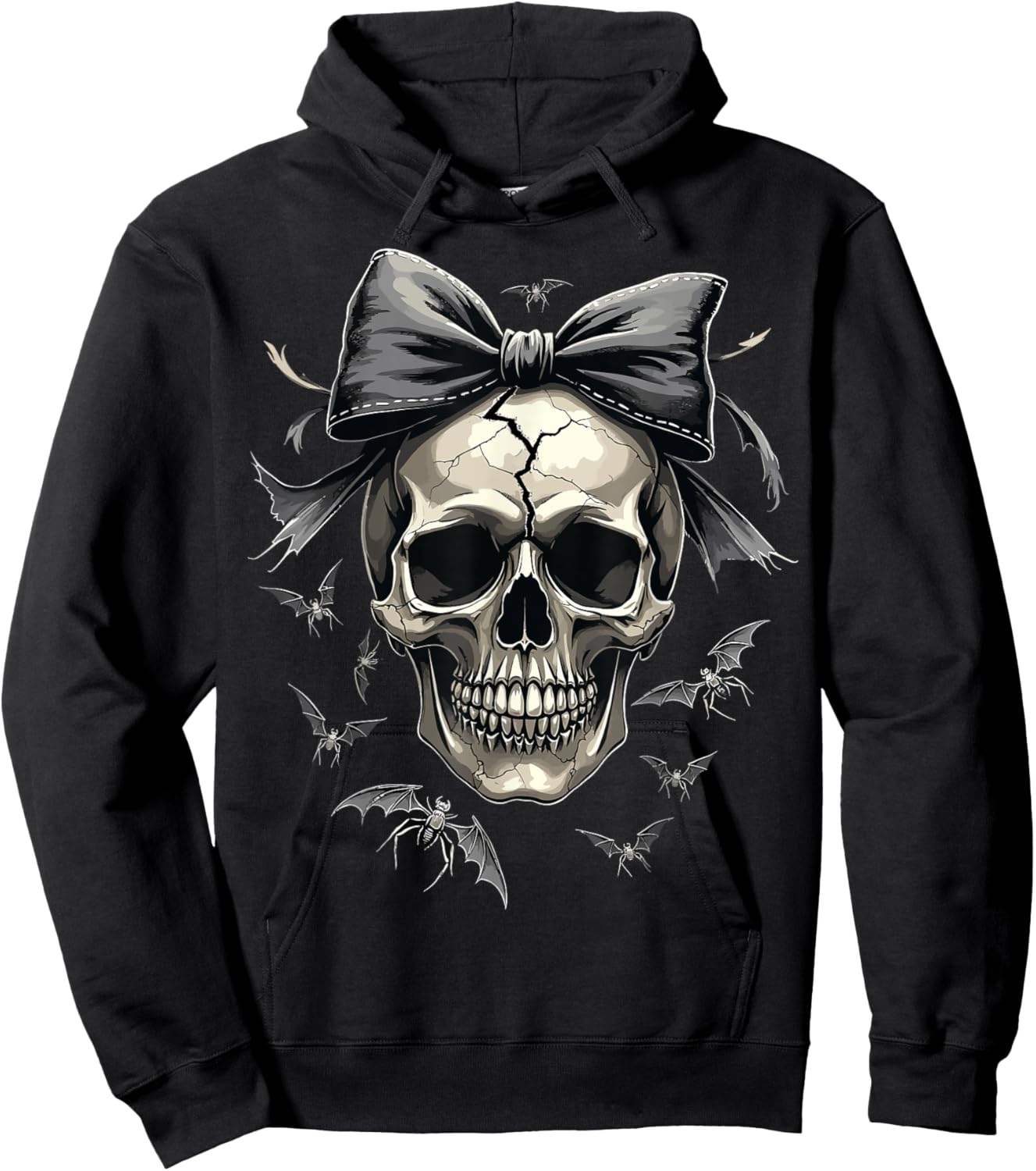 Coquette Skull with Bow and Bats Spooky Halloween Hoodie - Hoodie | Black