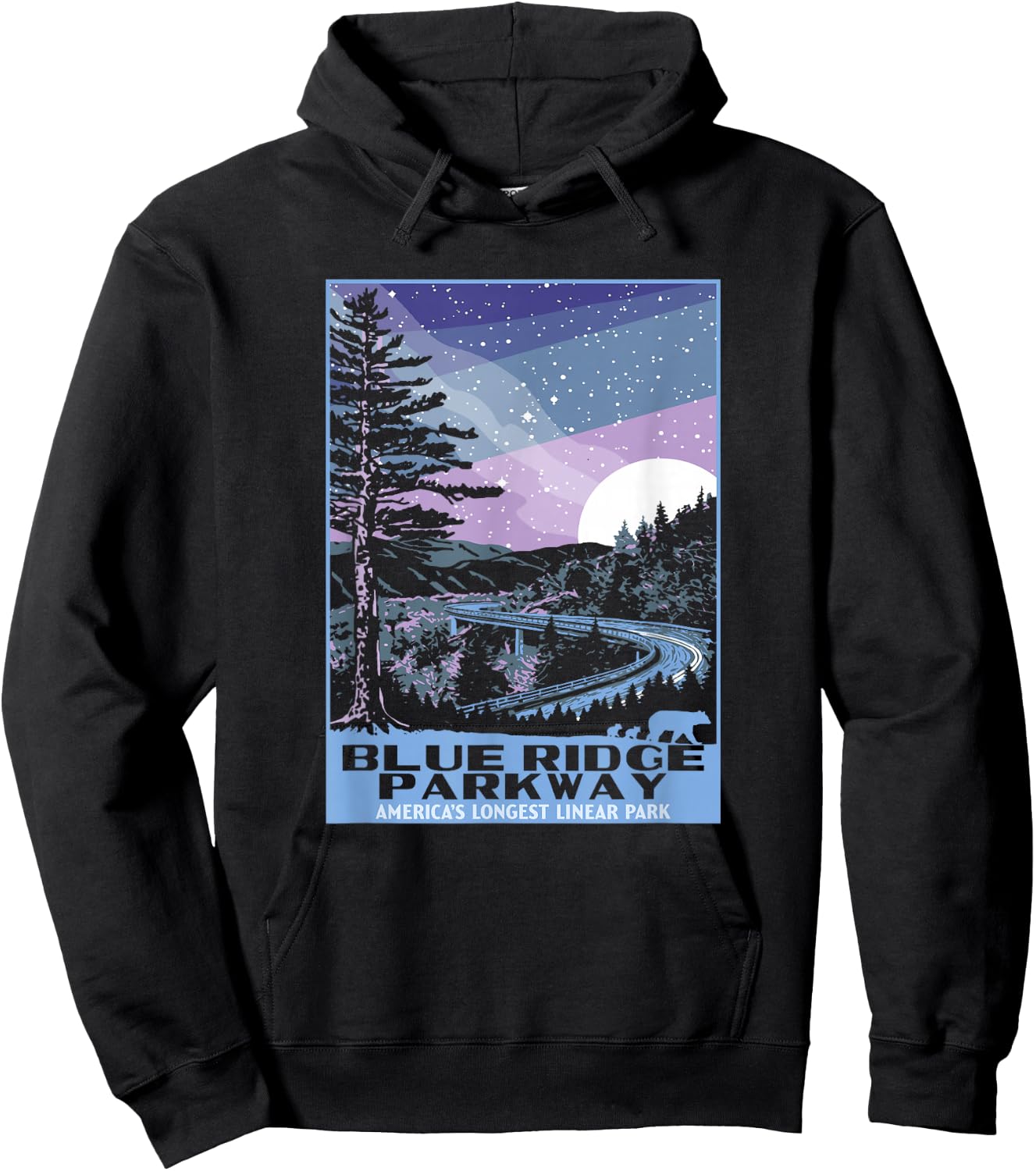 Blue Ridge Parkway at Night WPA Style Vintage Stars & Moon Hoodie - Hoodie | Black