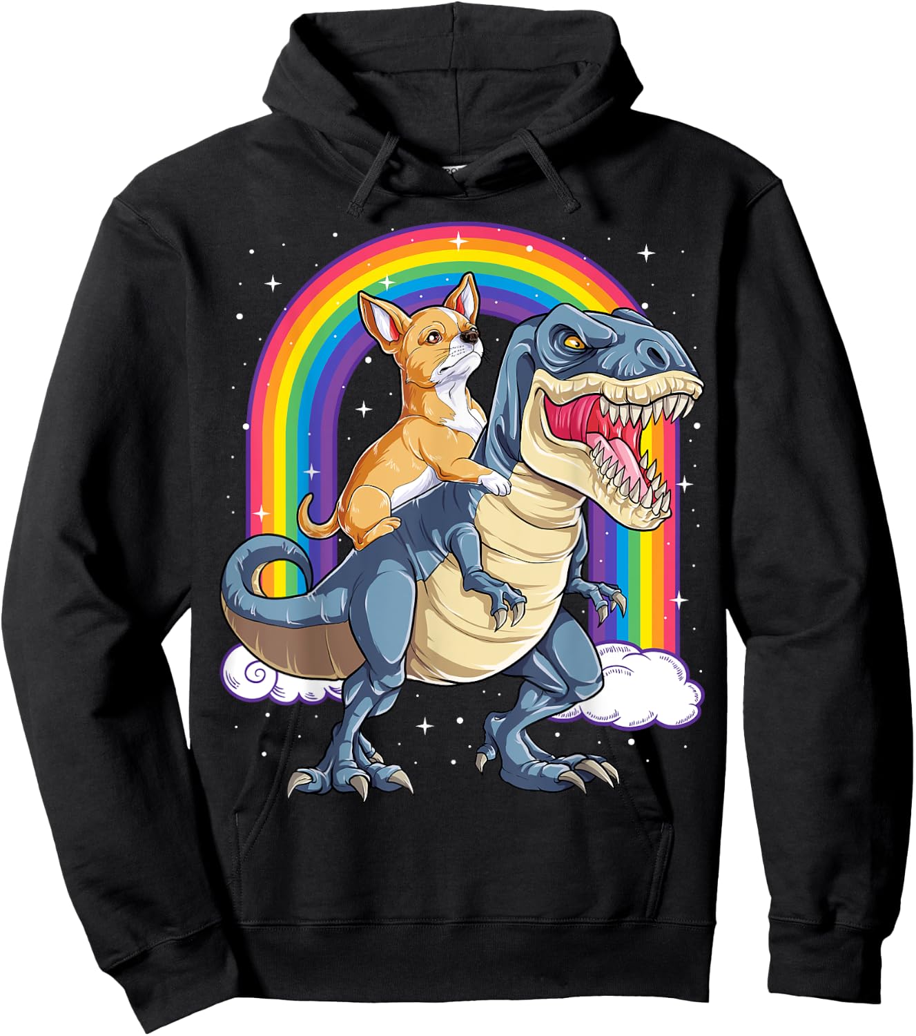 Chihuahua Riding Dinosaur T-rex Gifts Boys Kids Men Rainbow Hoodie - Hoodie | Black