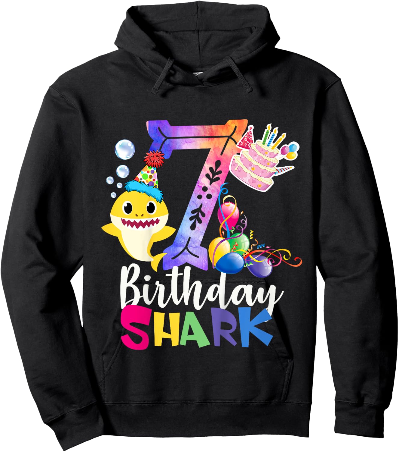 Best 7th Birthday Gift - 7th Birthday Shark Baby Cute Hoodie - Hoodie | Black