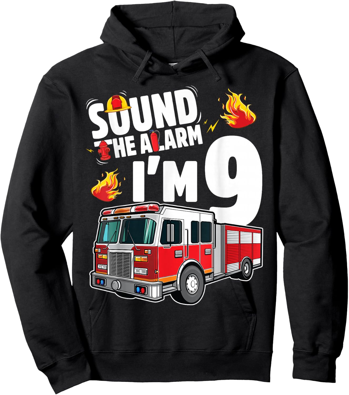 Fire Truck 9th Birthday Boy Firefighter 9 Year Old Hoodie - Hoodie | Black