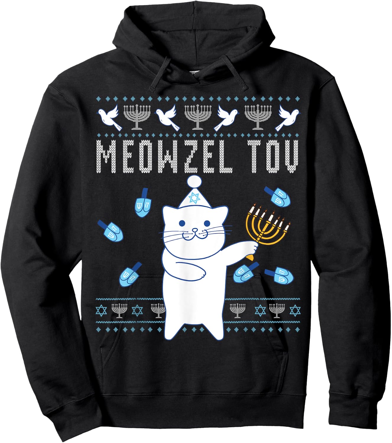 Meowzel Tov Jewish Christmas Cat Funny Ugly Hanukkah Gift Men Women Kids Hoodie - Hoodie | Black