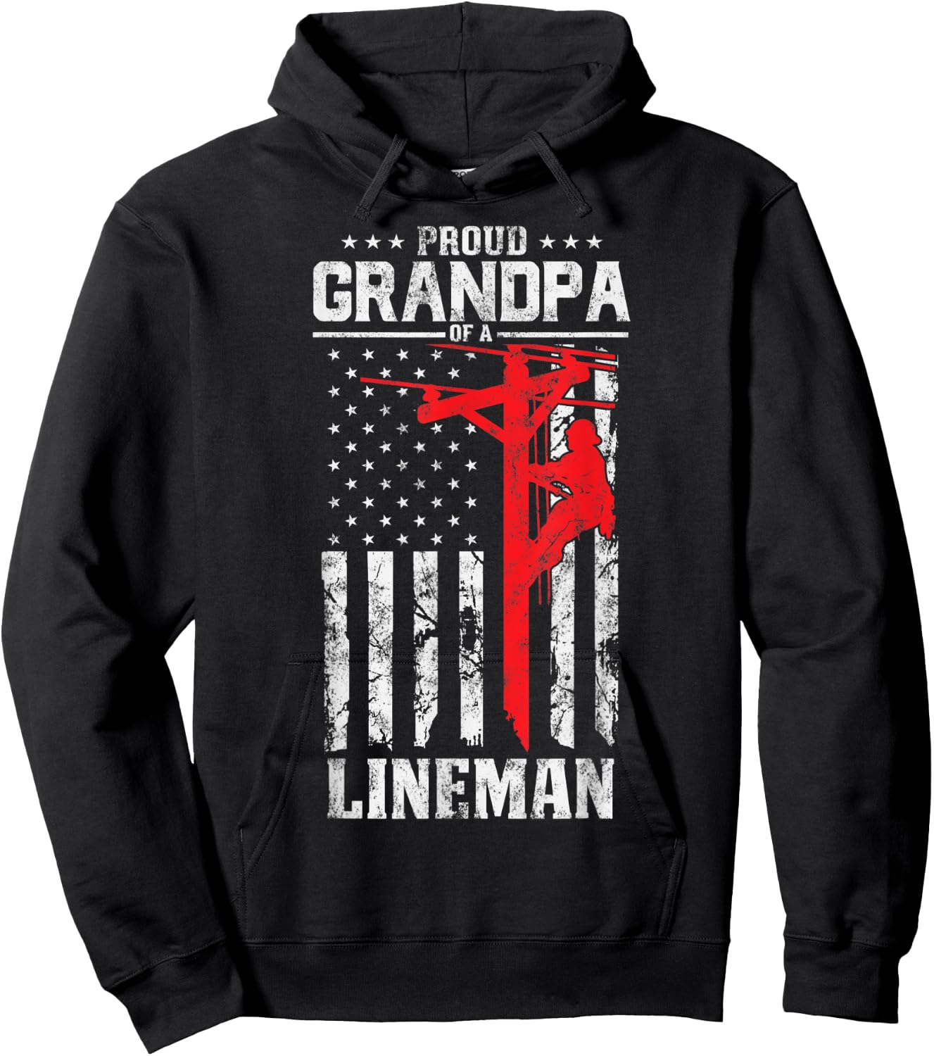 Proud Grandpa of a Lineman Support Red Line American Flag Hoodie - Hoodie | Black