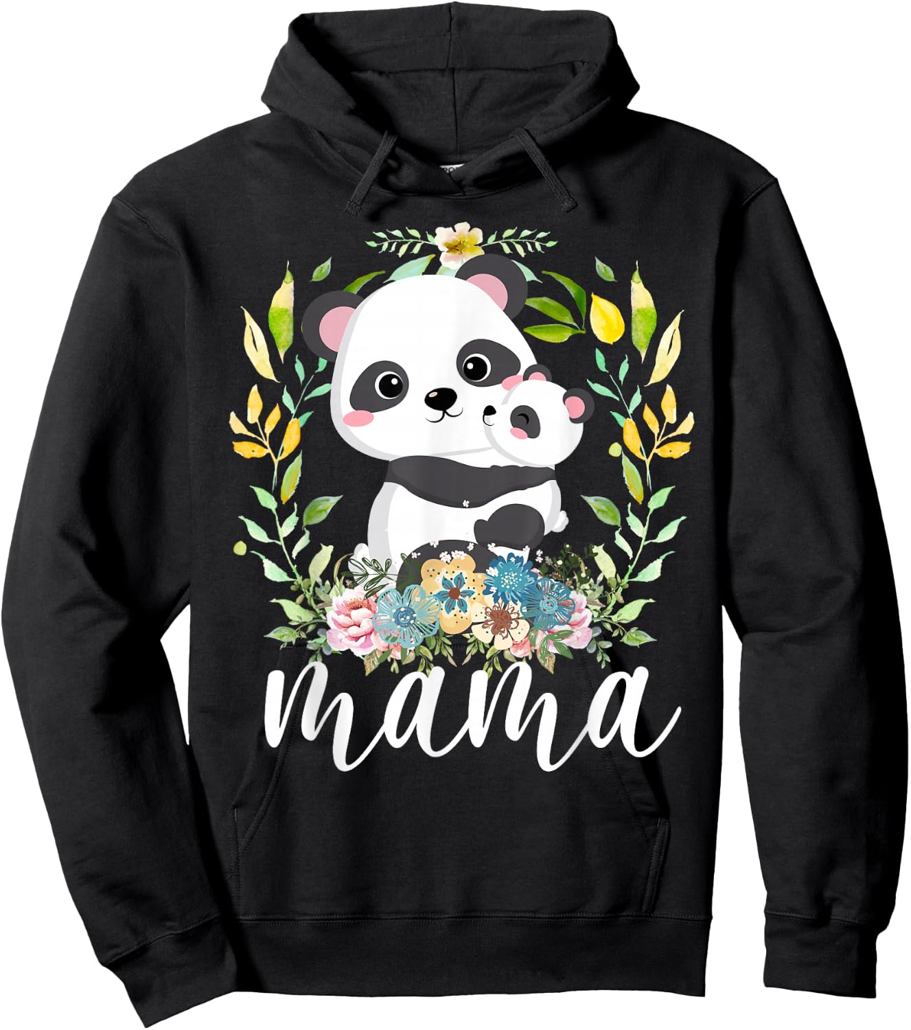 Flowers Mom & Cute Baby Panda - Animal Mama Mother's Day Hoodie - Hoodie | Black