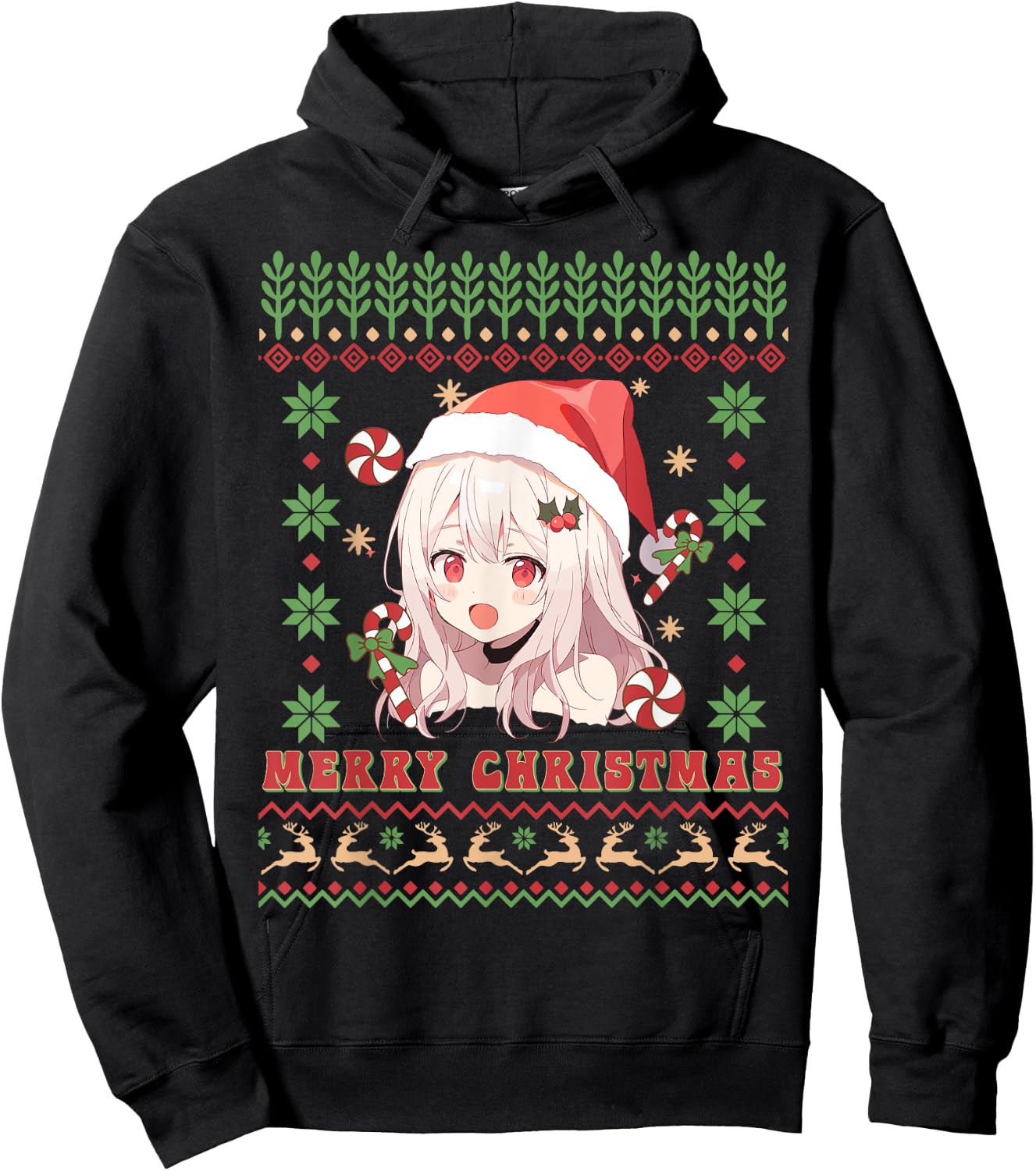 Cute Anime Girl Santa Hat Otaku Ugly Sweater Merry Christmas Hoodie - Hoodie | Black