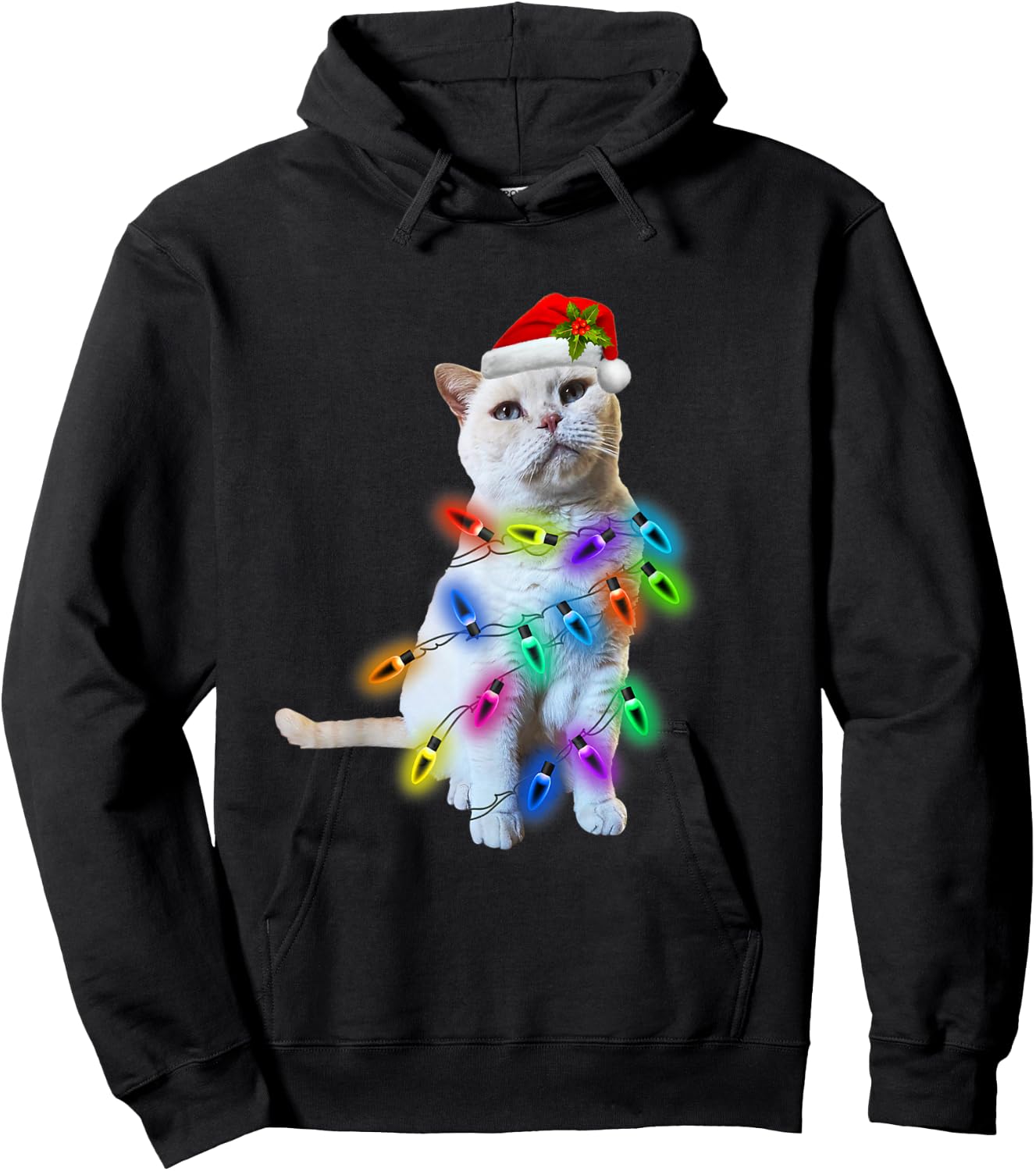 White Cat Christmas light funny cat lover Christmas Hoodie - Hoodie | Black