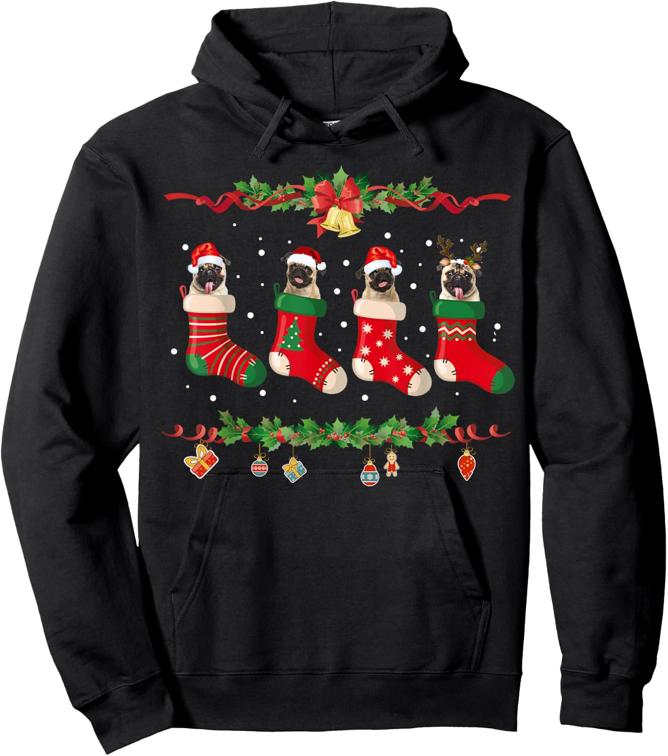 Pug Christmas Shirt Stocking Dog Xmas Sweater Hoodie - Hoodie | Black