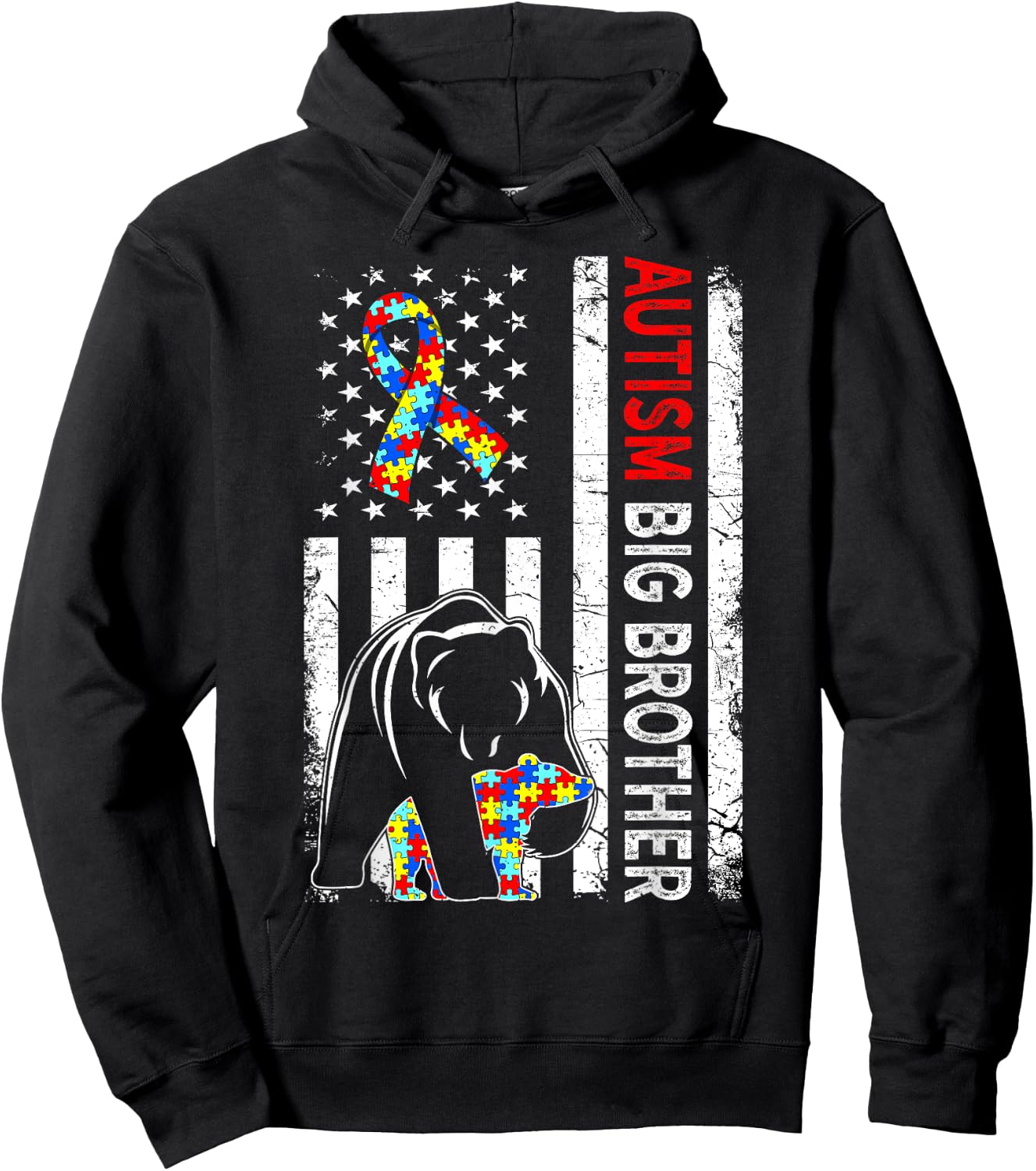 Distressed American Flag Autism Big Brother Bear Awareness Kids Men Hoodie - Hoodie | Black