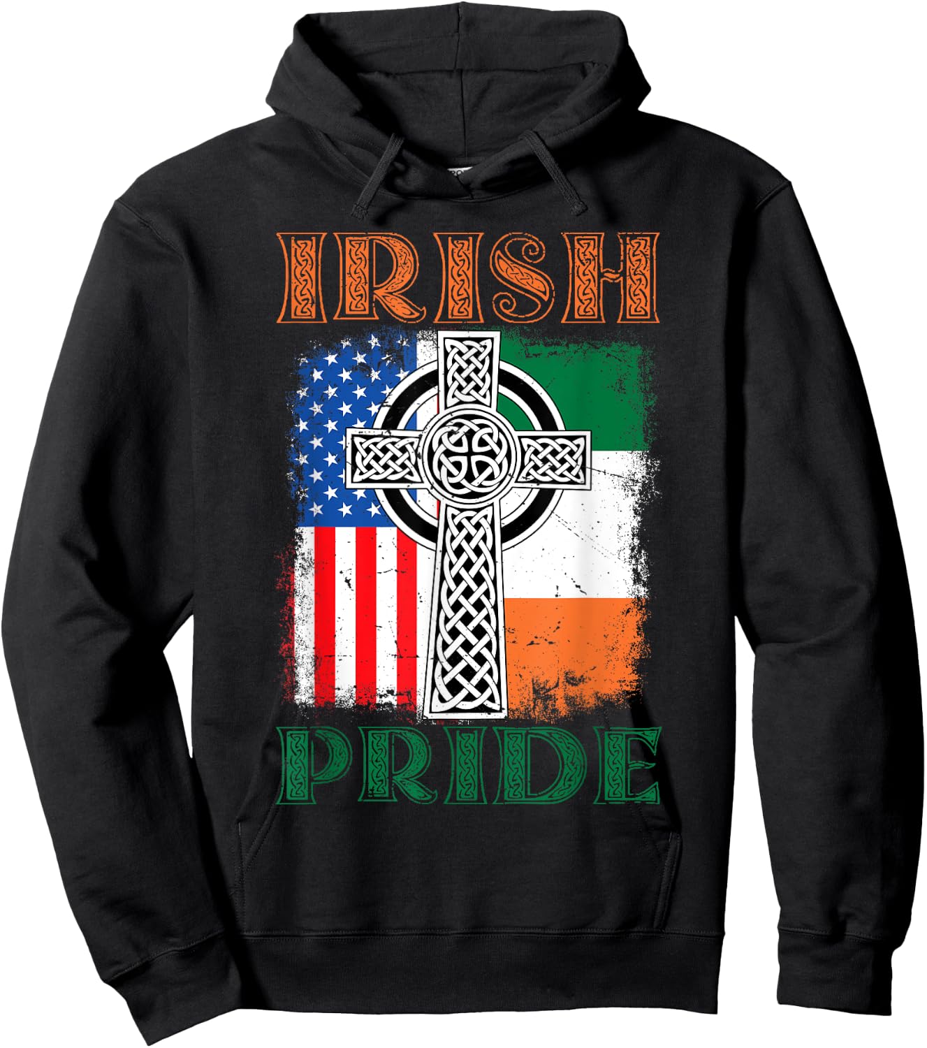 Irish Pride Celtic Cross Ireland & USA Flag St Patricks Day Hoodie - Hoodie | Black