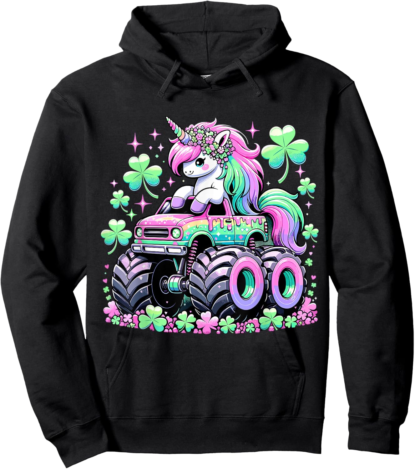 St Patricks Day Girl Monster Truck Unicorn St Patricks Day Hoodie - Hoodie | Black
