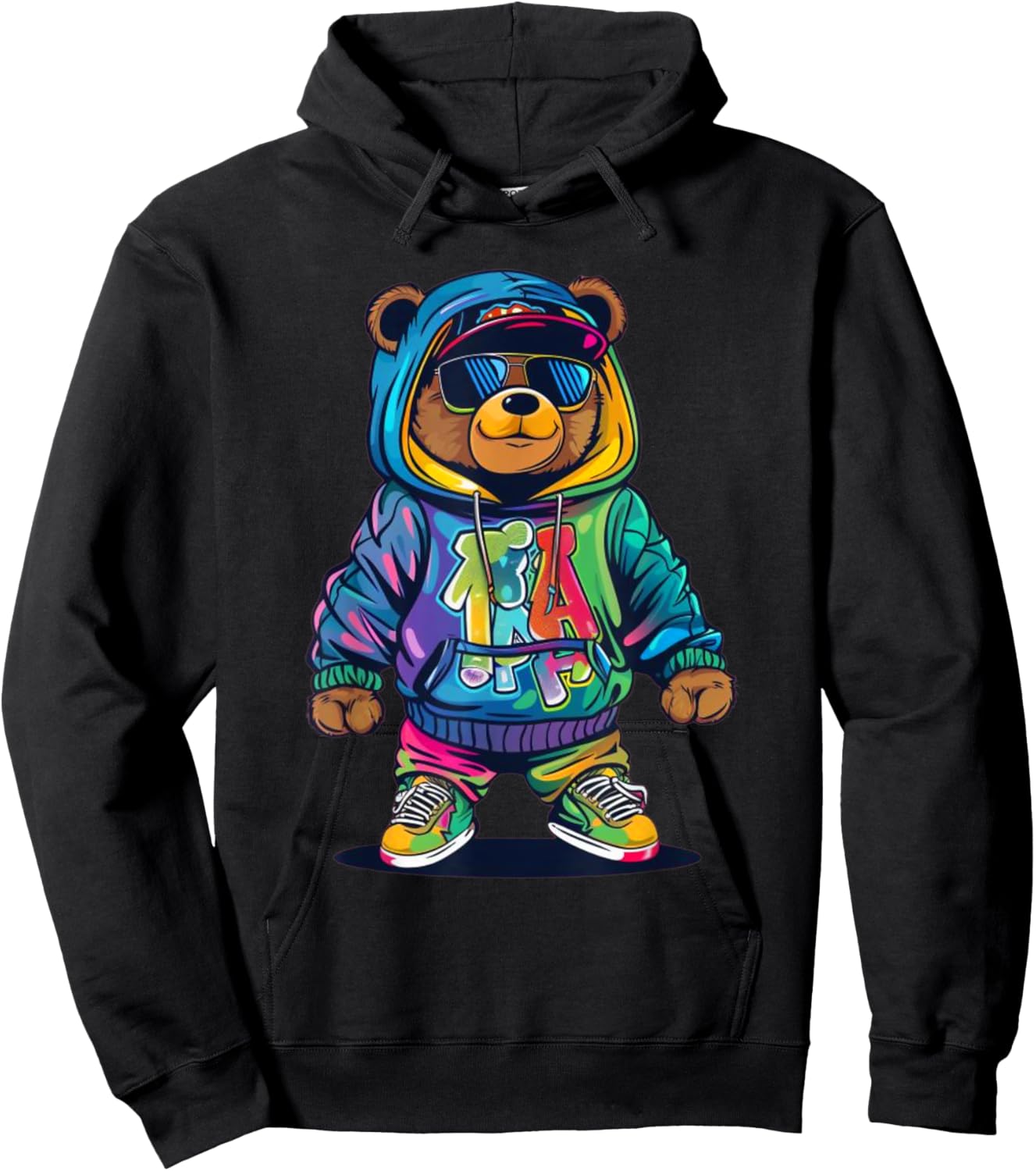 Hip-Hop Teddy-Bear Colorful TeddyBear With Graphic Hoodie - Hoodie | Black