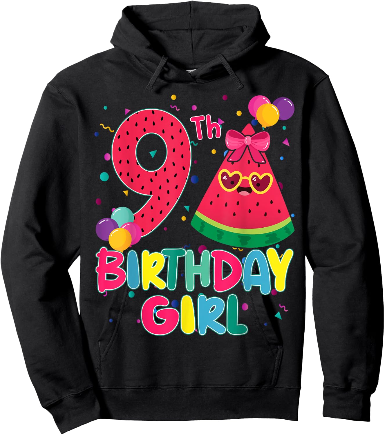 Watermelon 9th Birthday Decorations 9 Year Old B-Day Age Hoodie - Hoodie | Black