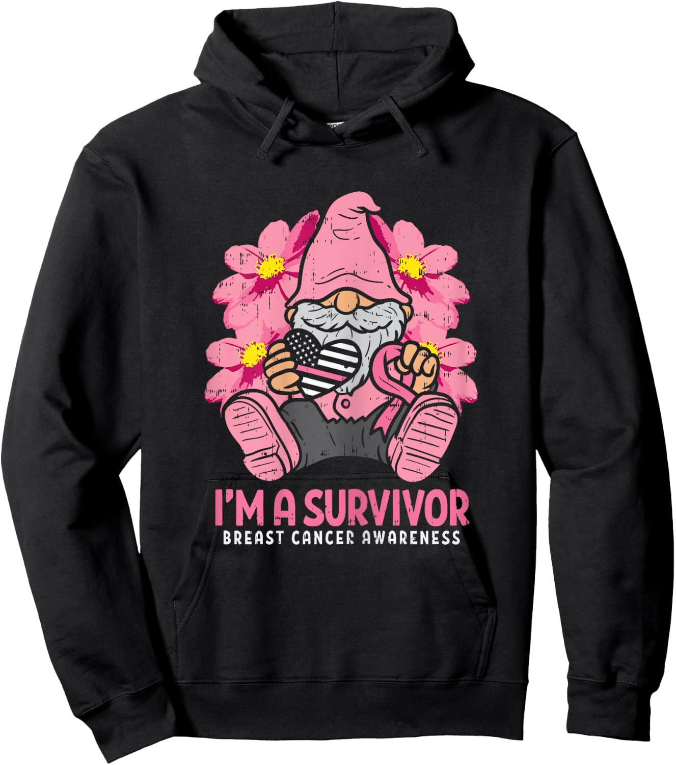Breast Cancer Survivor Pink Ribbon Gnome US Flag Heart Gift Hoodie - Hoodie | Black