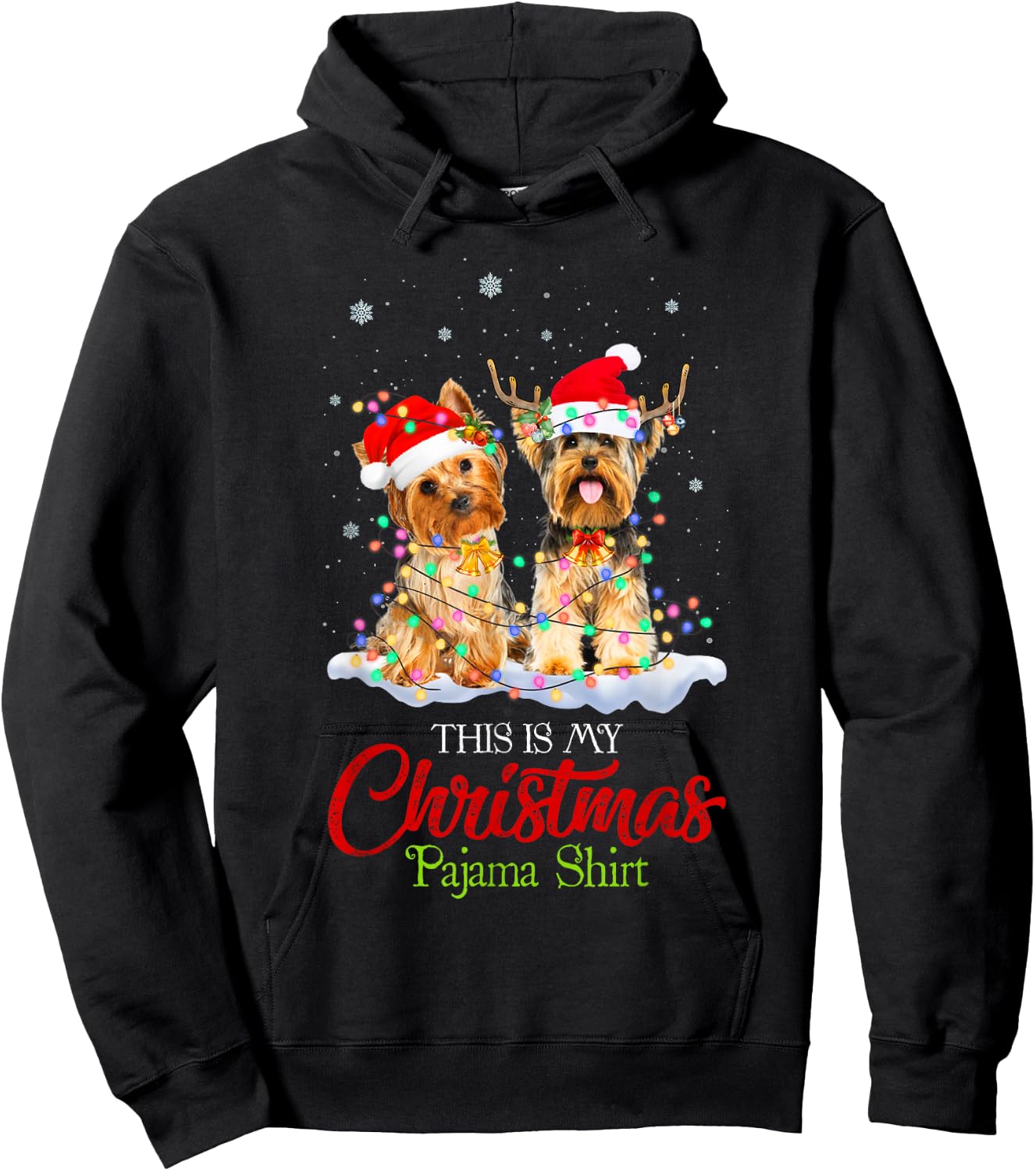 This Is My Christmas Pajama Shirt Yorkie Santa Hat Lights Hoodie - Hoodie | Black