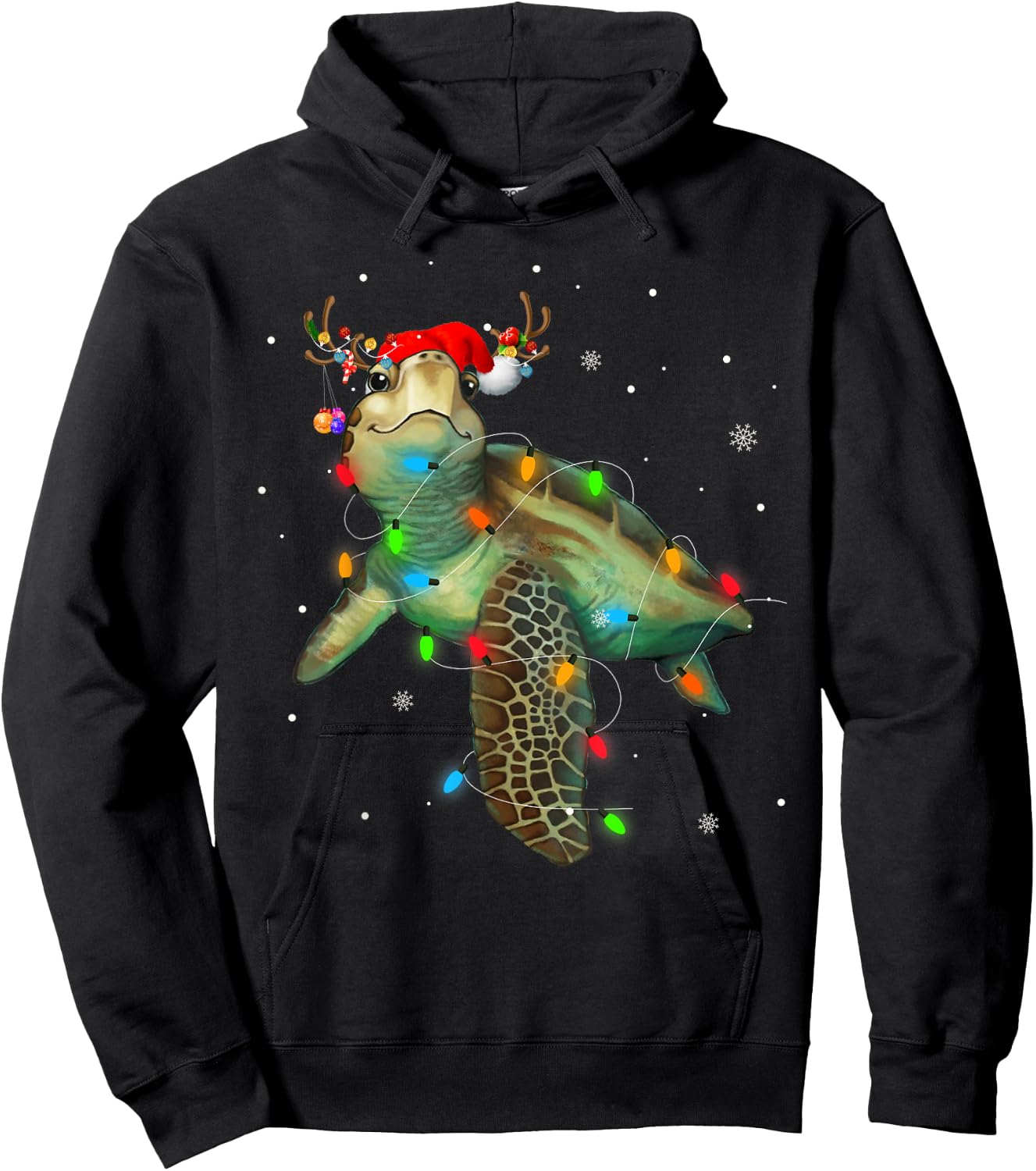 Sea Turtle Christmas Lights Funny Santa Hat Merry Christmas Hoodie - Hoodie | Black