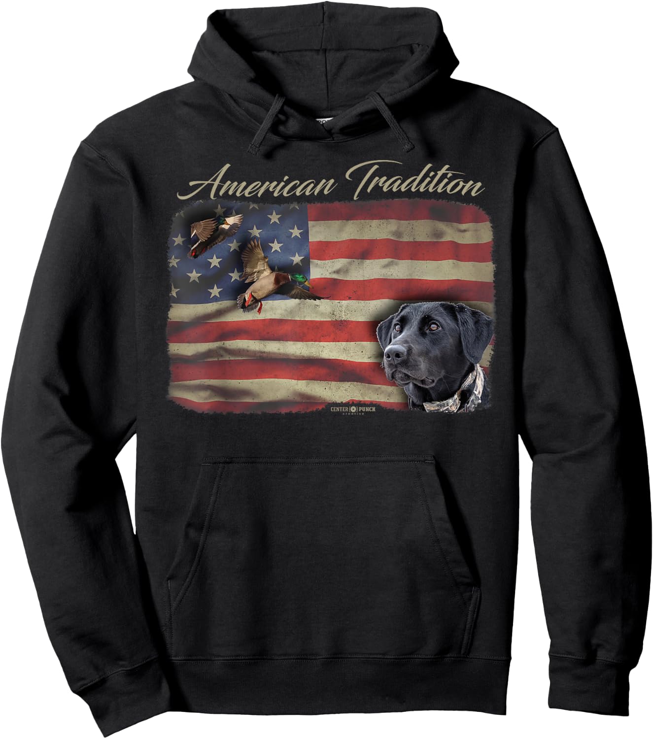 American Tradition Waterfowl Duck Hunting Dog Black Lab Flag Men Women Kids Hoodie - Hoodie | Black