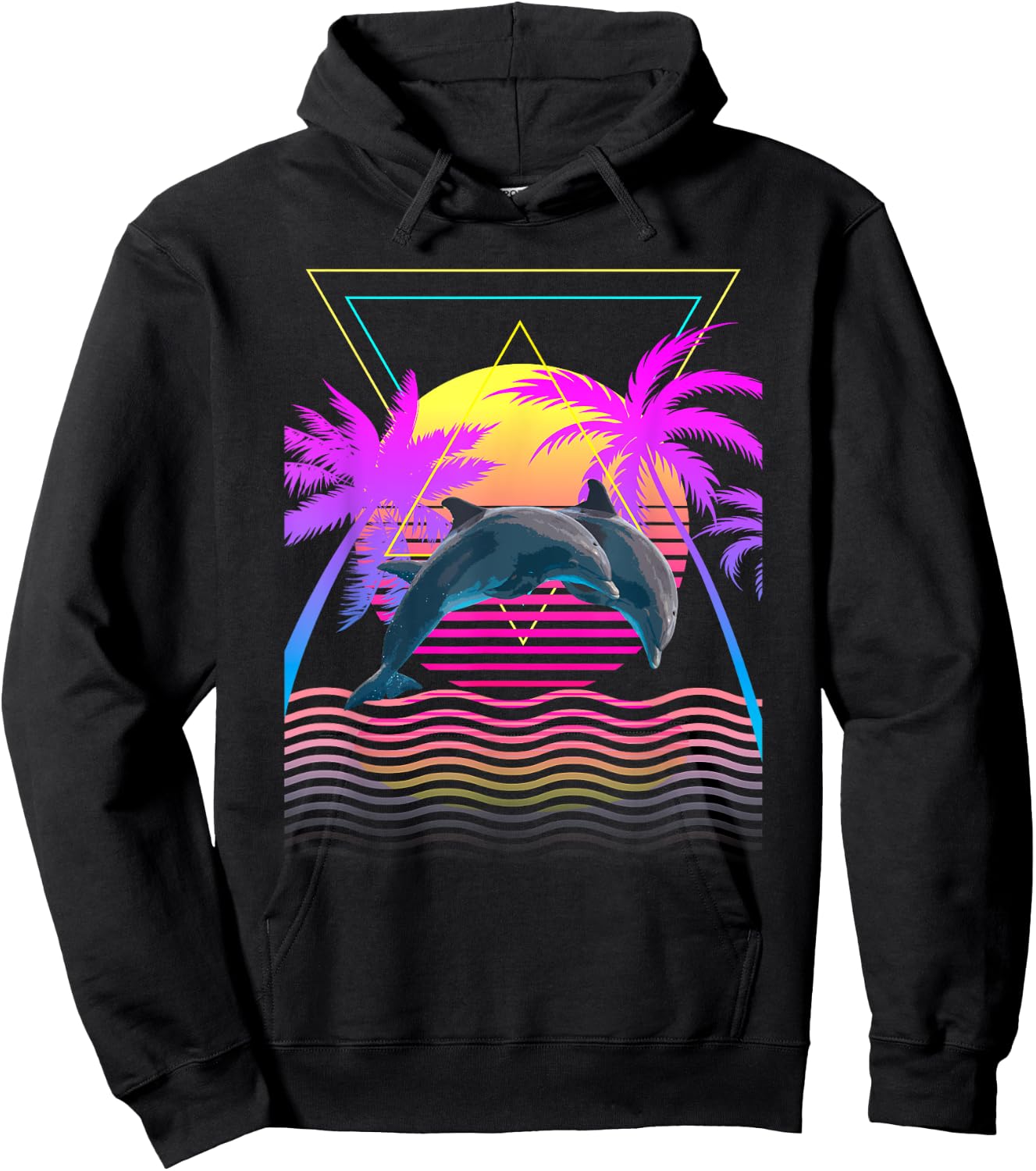 Retro 1980s 1990s Dolphins Palm Trees Sunset Beach Art Hoodie - Hoodie | Black