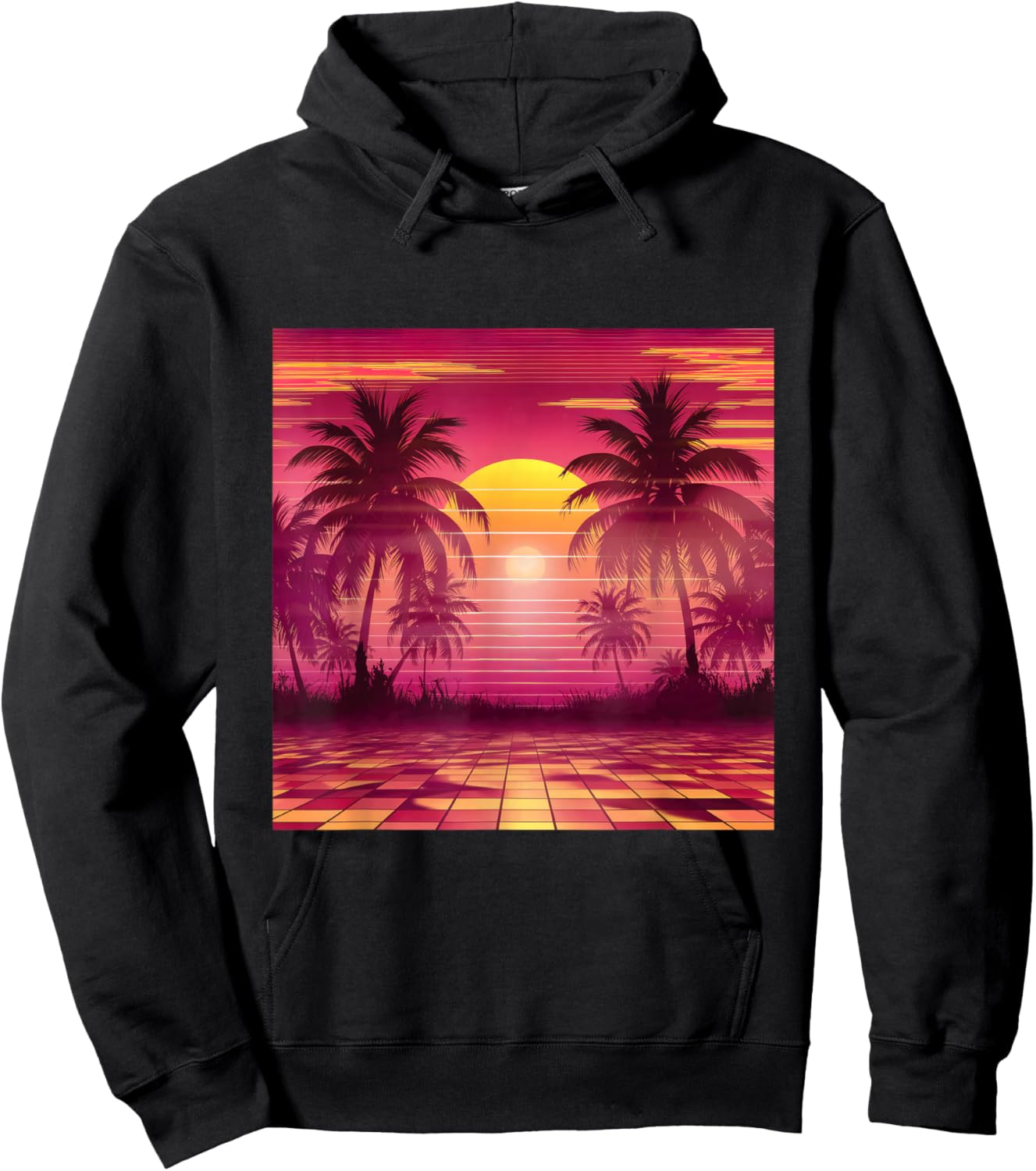 Synthwave Retro Vaporwave Tropical Palm Trees Sunset 90s Art Hoodie - Hoodie | Black