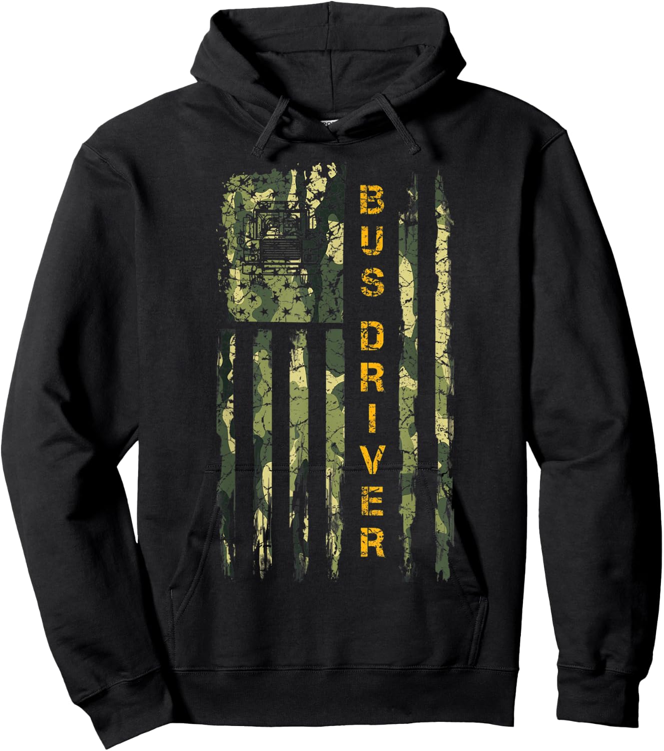 Vintage US Camo Flag School Bus Driver Silhouette Distressed Hoodie - Hoodie | Black