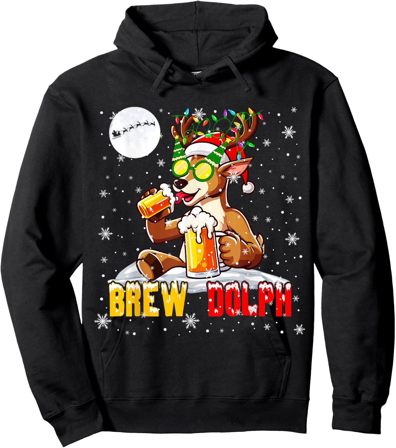 Brew Dolph Funny Reindeer Sunglasses Xmas Tree Drinking Beer Hoodie - Hoodie | Black