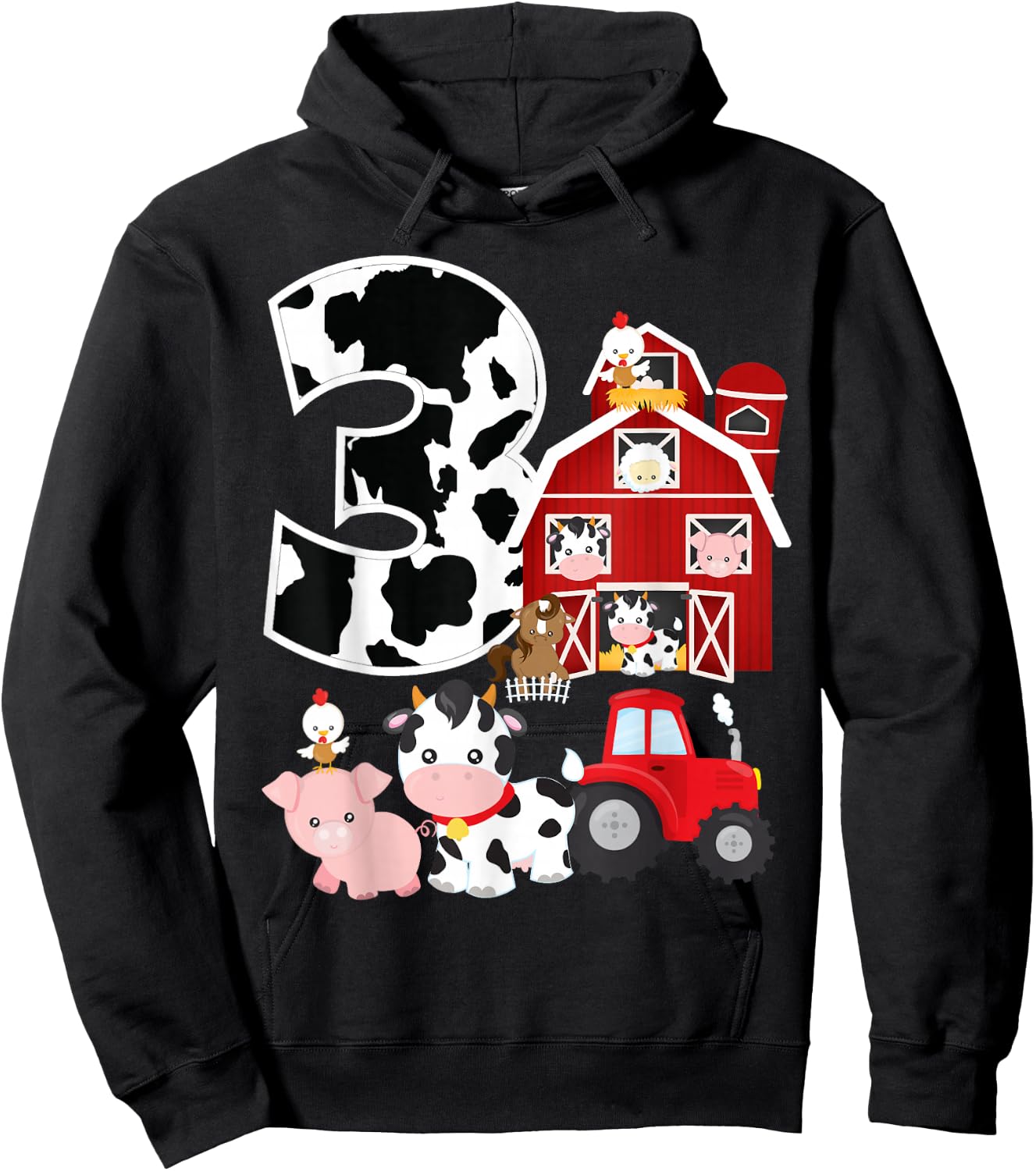 Farm Barnyard Theme Pig Cow Horse 3rd Birthday 3 Yrs Old Hoodie - Hoodie | Black