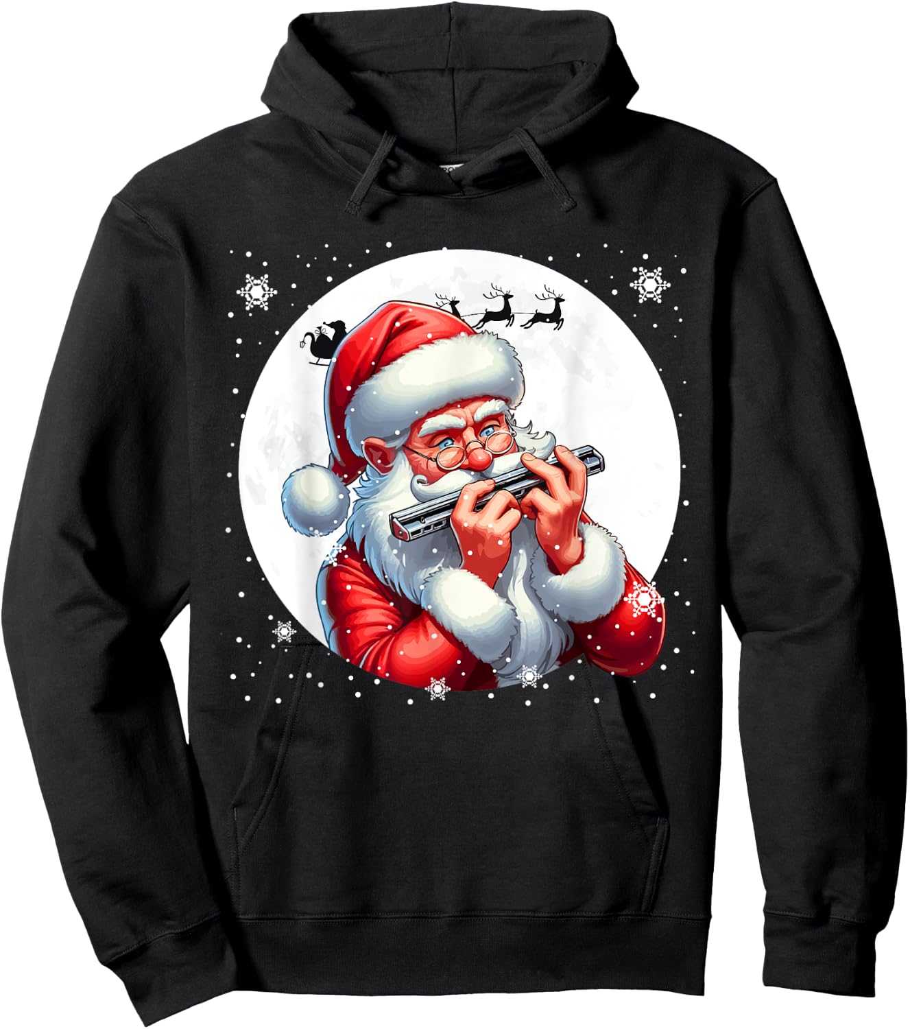 Santa Playing Harmonica Xmas Moon Costume Instrument Music Hoodie - Hoodie | Black