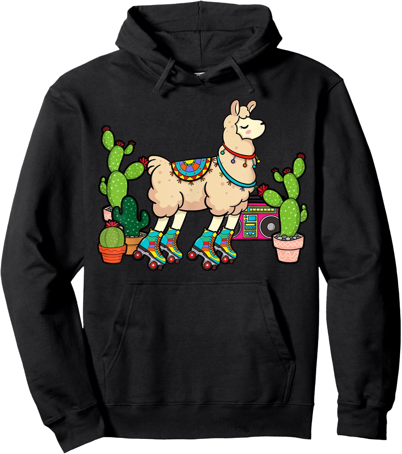 Llama Roller Skates Boombox Ghetto Blaster Vintage 70s Hoodie - Hoodie | Black