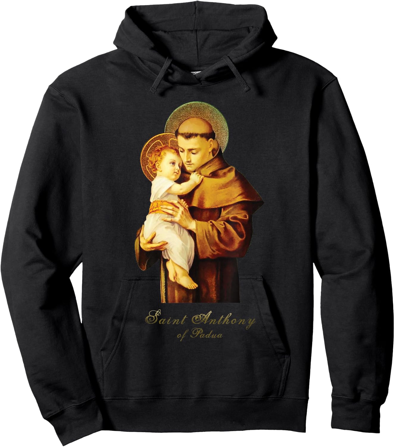 MJ Sacred Art St Anthony of Padua Catholic Saint - Women's Black Short Sleeve Classic Fit Letter Print T Back Collarless - Small Hoodie - Hoodie | Black
