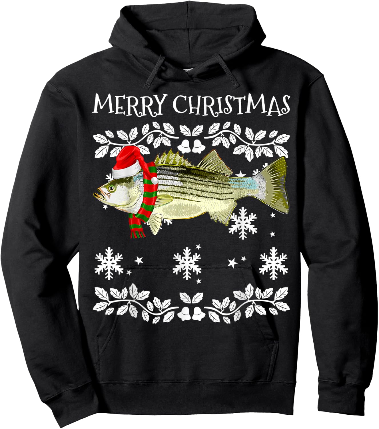 Fish Merry Christmas Ornament Striped Bass Ugly Xmas Hoodie - Hoodie | Black