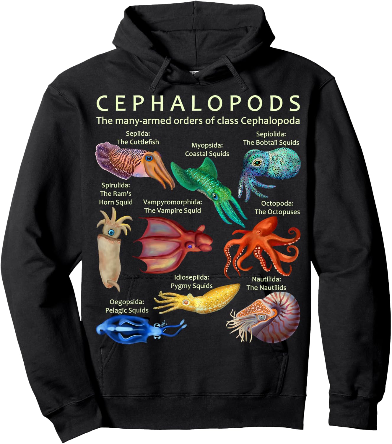 The Cephalopod Octopus Squid Cuttlefish and Nautilus Hoodie - Hoodie | Black