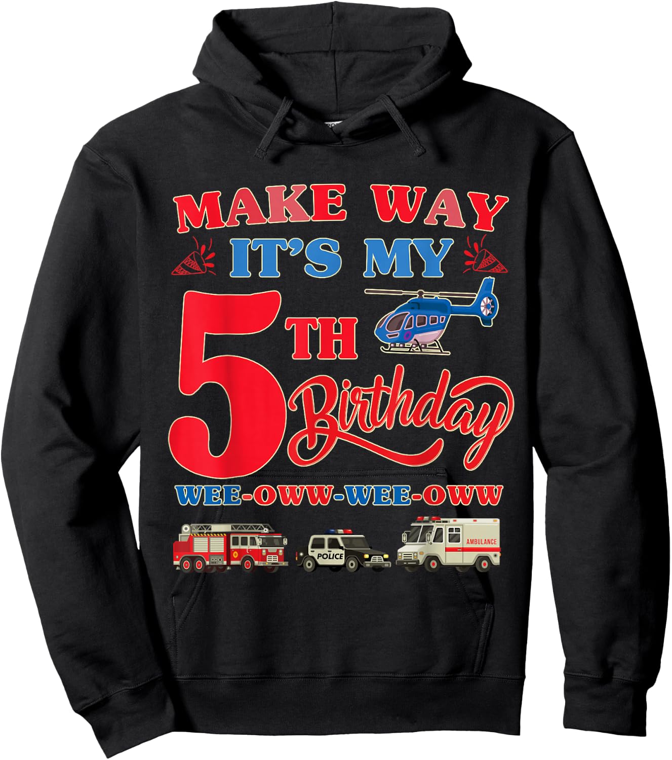 5th birthday Rescue Vehicles Birthday theme 5 year old kids Hoodie - Hoodie | Black