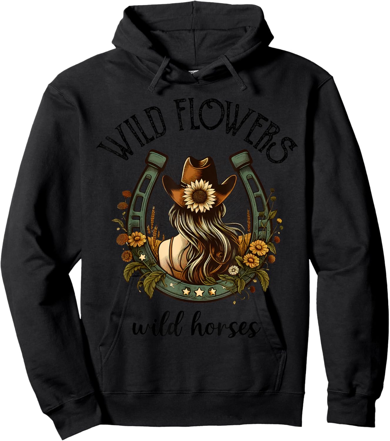 Wild Flowers Wild Horse Cowgirl Riding Horse Hoodie - Hoodie | Black
