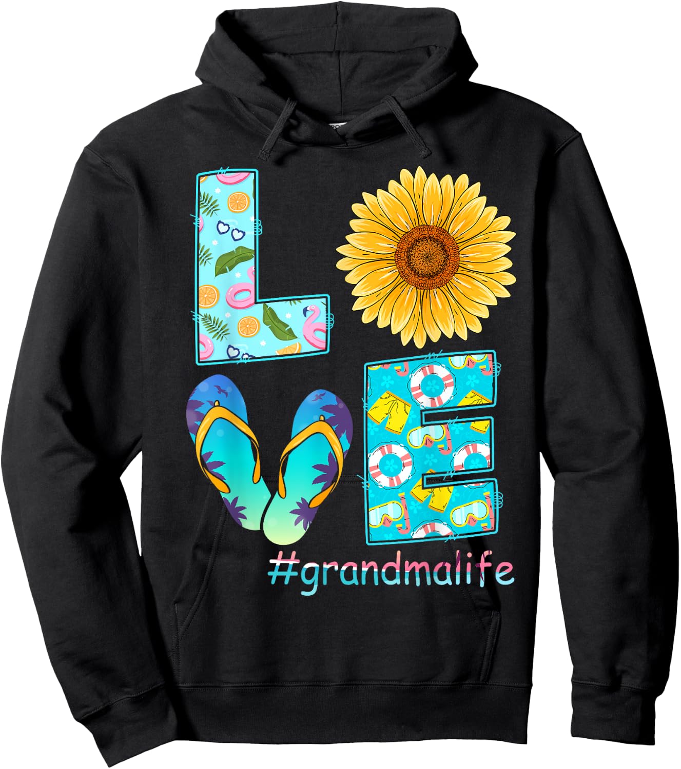 LOVE Grandma Life Flip Flops Hippie Sunflower Summer Women Hoodie - Hoodie | Black