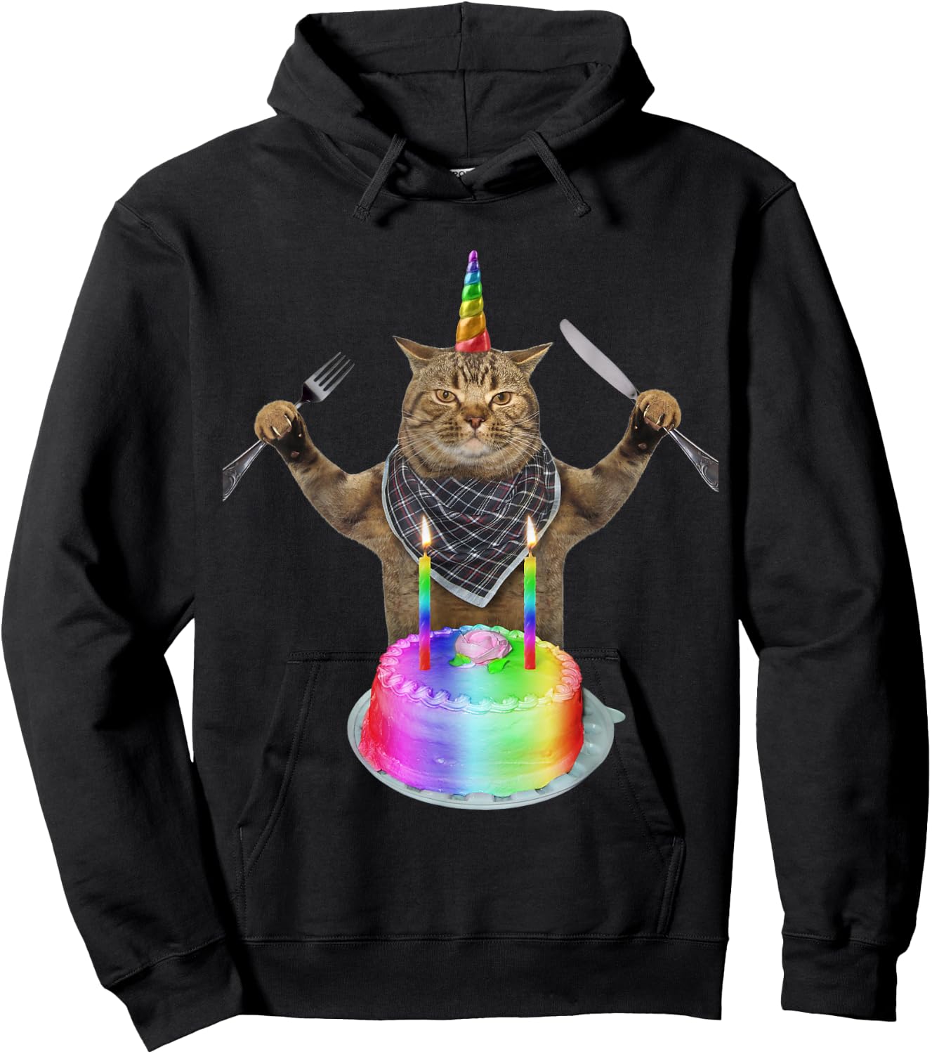 Funny cat unicorn with a birthday cake Women Girls Kids Hoodie - Hoodie | Black
