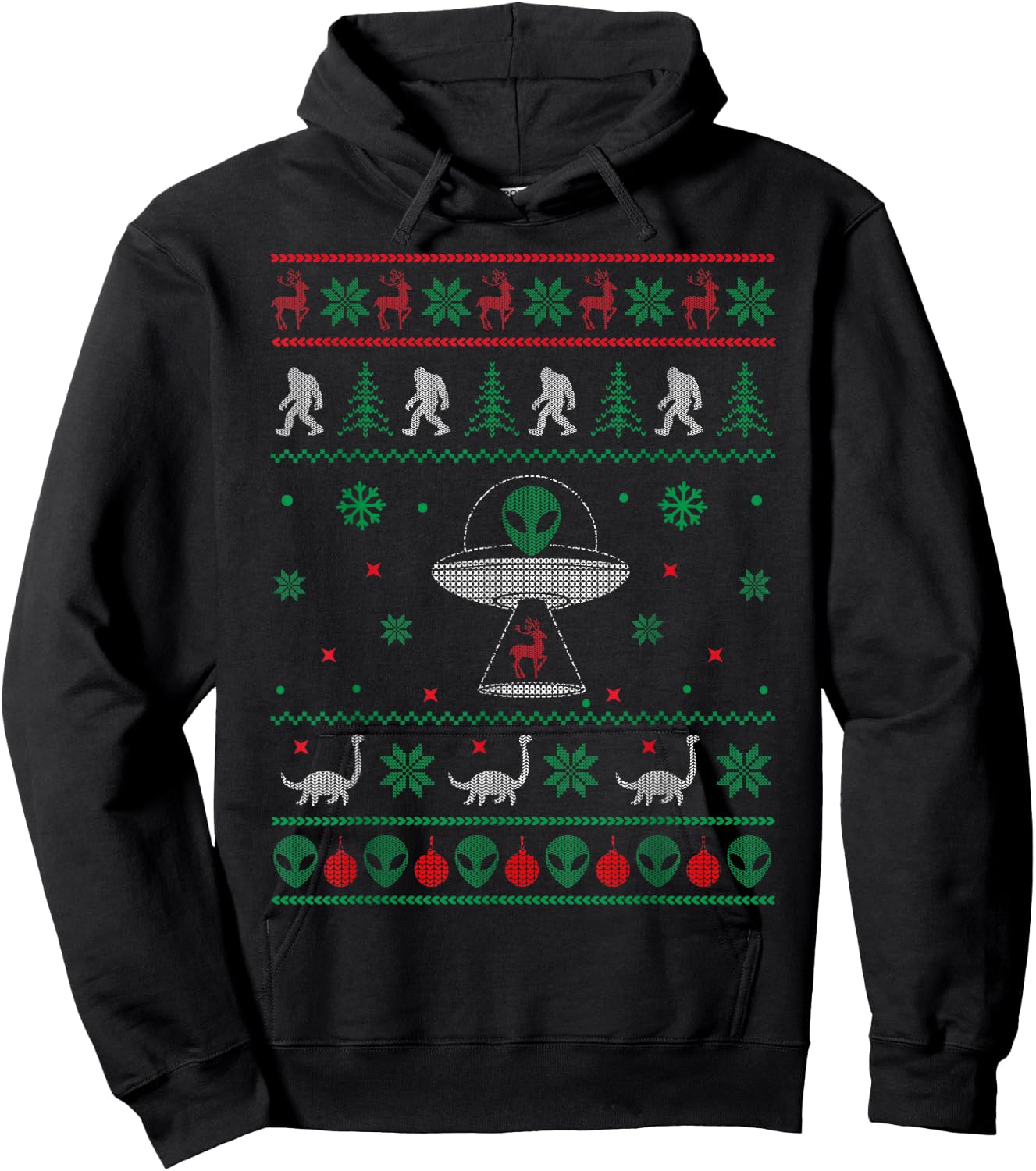 Ugly Christmas Sweater Alien UFO Bigfoot Loch Ness Hoodie - Hoodie | Black
