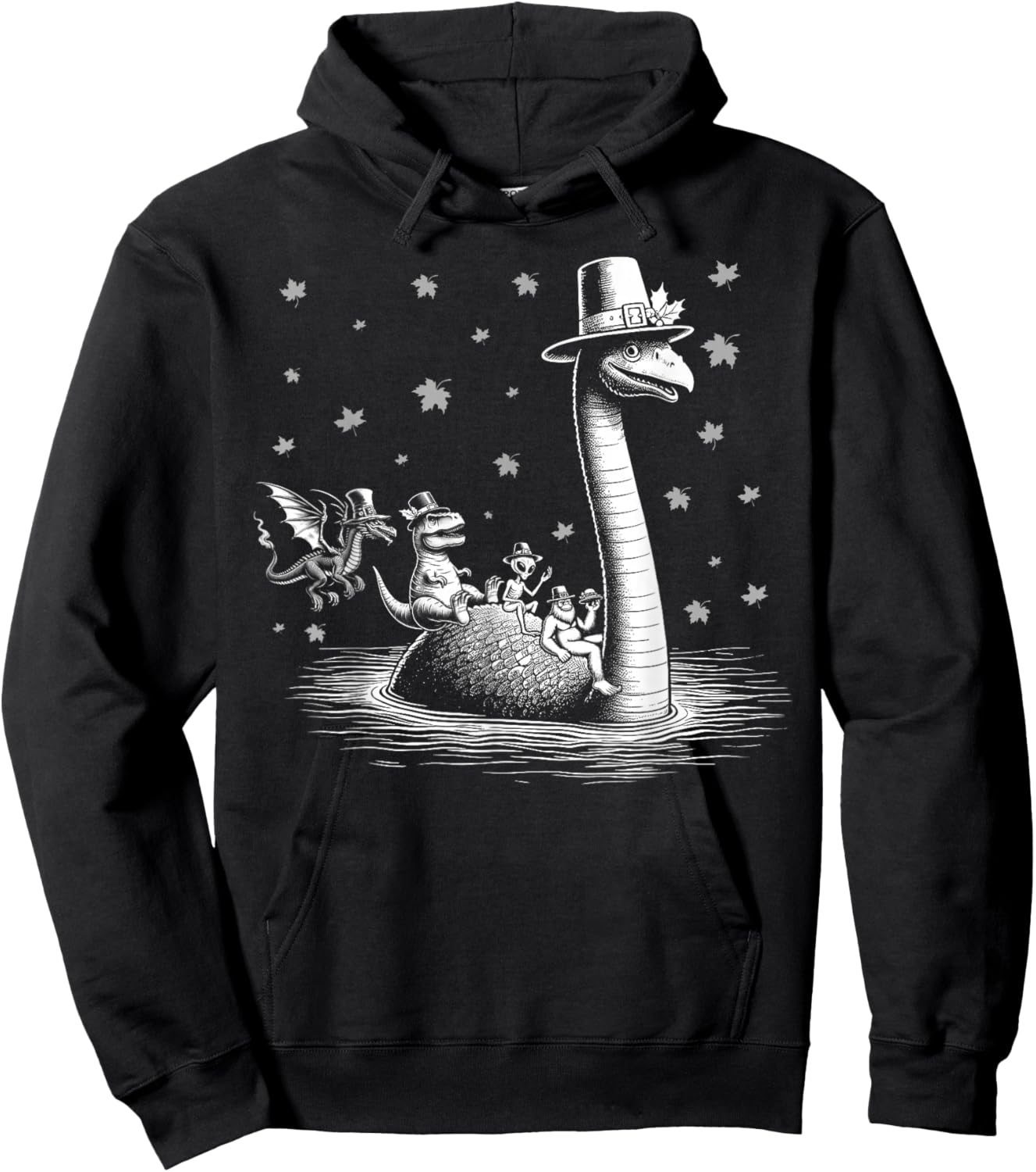 Thanksgiving Bigfoot alien riding loch Ness monster fall Hoodie - Hoodie | Black