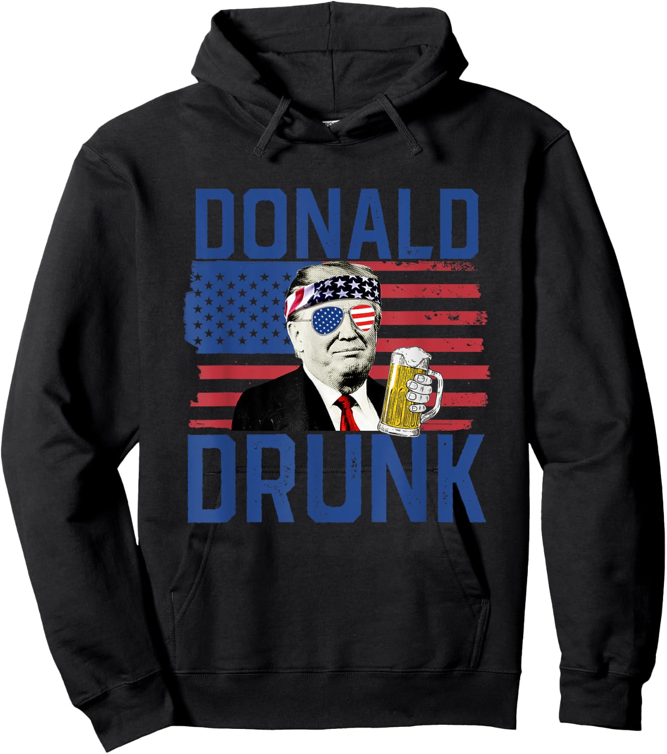 Donald Drunk 4th Of July US Flag Drinking President Trump Hoodie - Hoodie | Black
