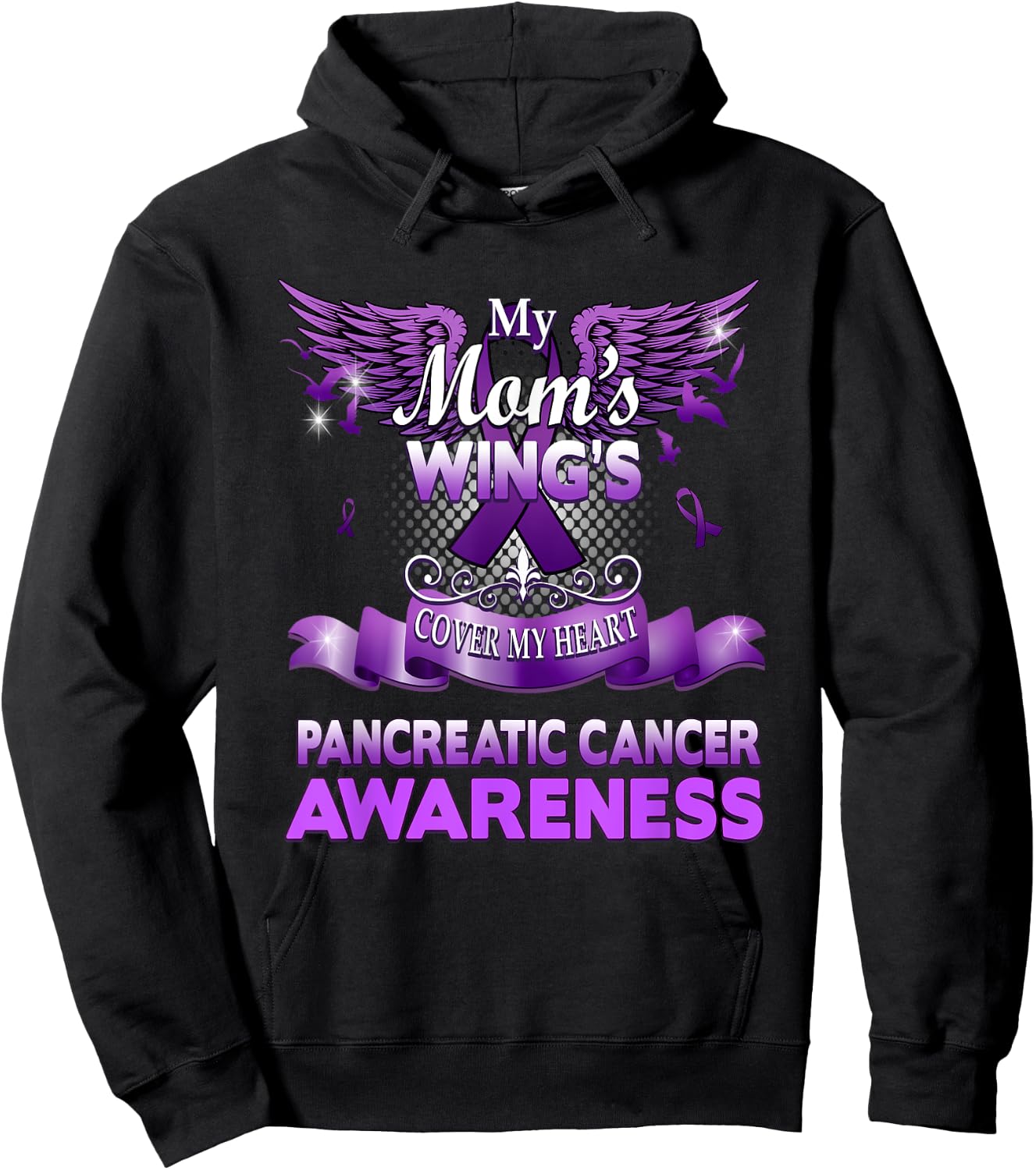 My Mom's Wings Cover My Heart Pancreatic Cancer Awareness Hoodie - Hoodie | Black