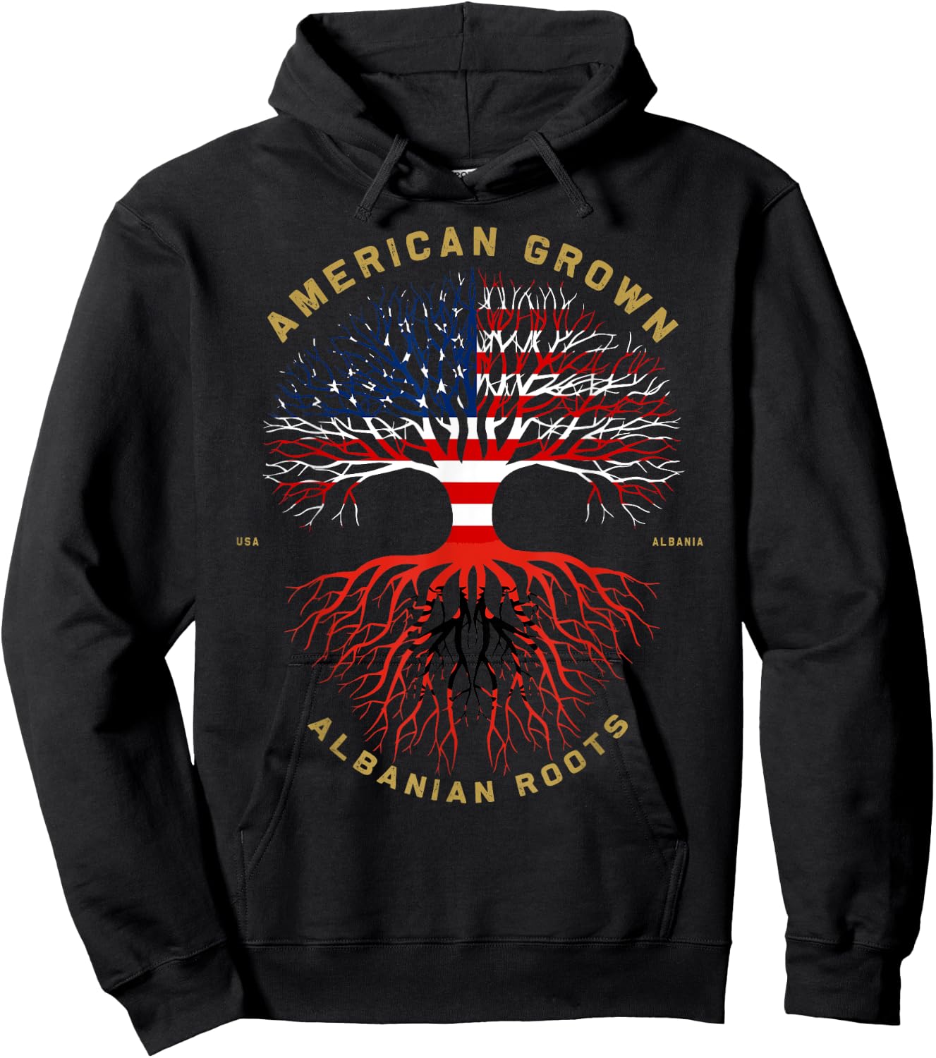 American Grown With Albanian Roots Tree USA Flag Gift Hoodie - Hoodie | Black